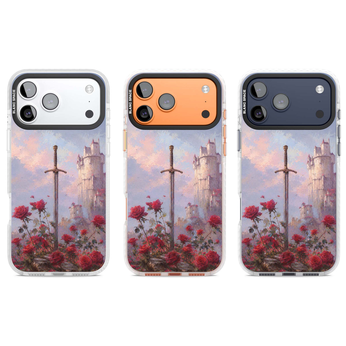 Sword in Roses medieval art iPhone case featuring a sword, red roses, and a misty fairytale castle at sunset | Impact Magsafe case for iPhone 17 Pro, iPhone 17 Pro Max