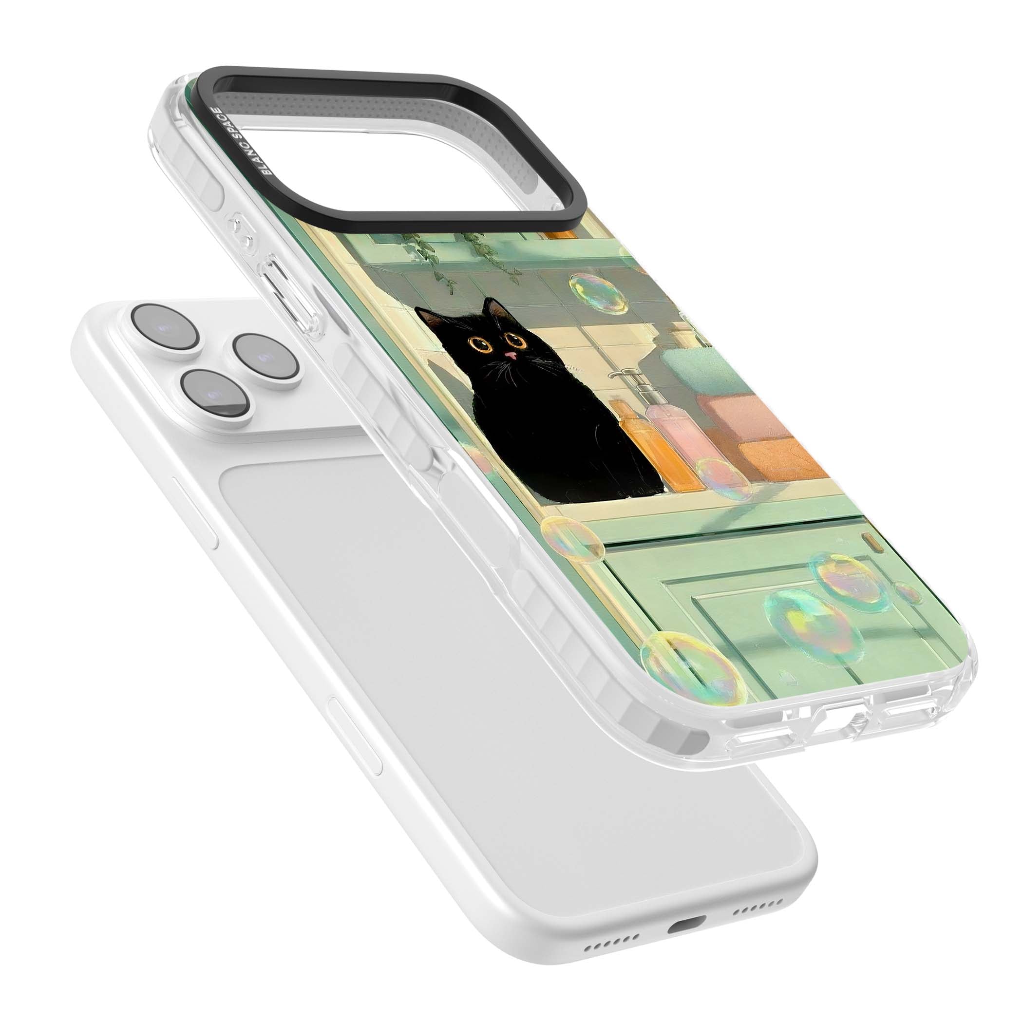 Bathroom Bubble Kitty cottagecore iPhone case featuring a black cat, mint bathroom scene and floating soap bubbles | Impact Magsafe case for iPhone 17 Pro, iPhone 17 Pro Max