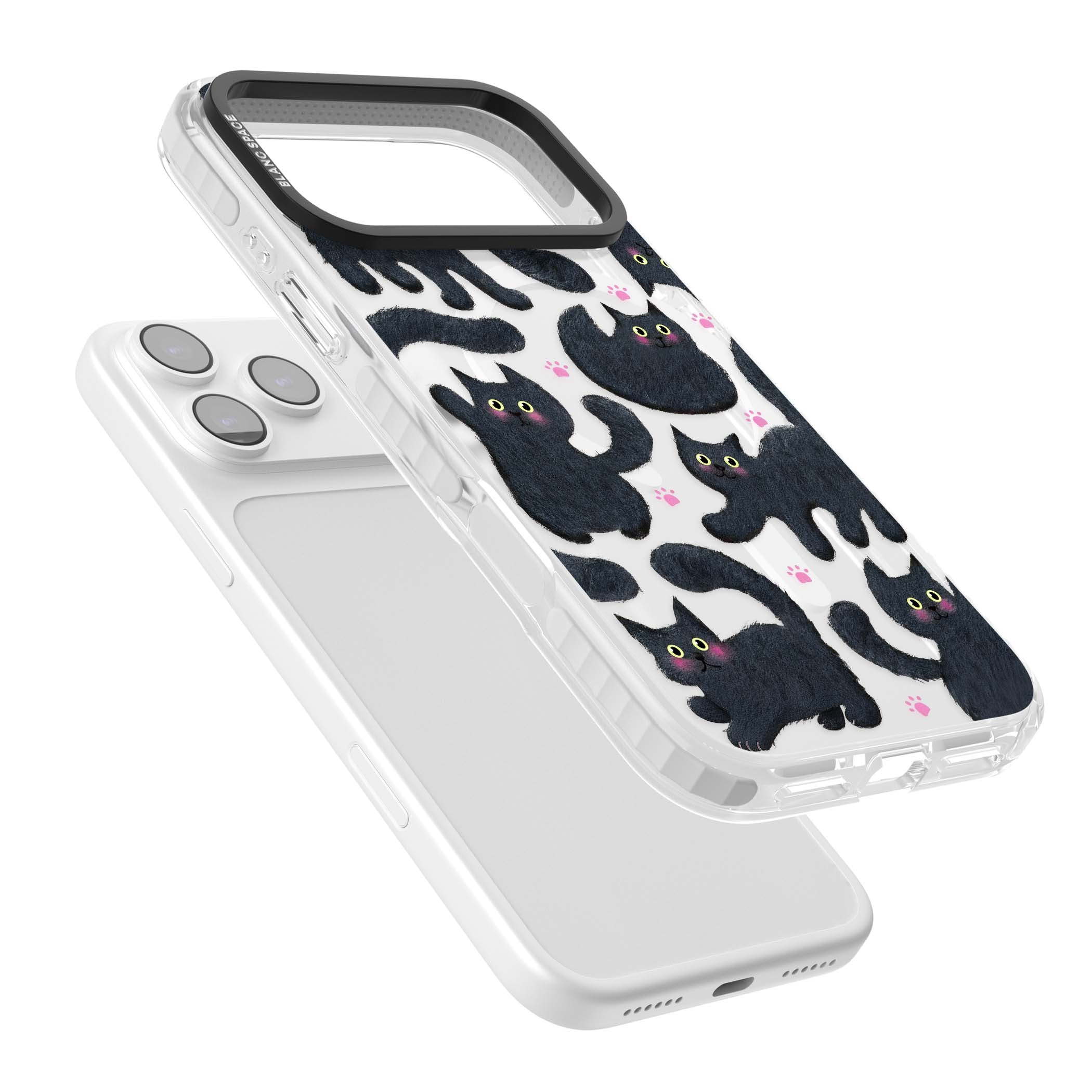 Midnight Cats cute iPhone case featuring black cat pattern with yellow eyes and pink paw prints | Impact Magsafe case for iPhone 17 Pro, iPhone 17 Pro Max