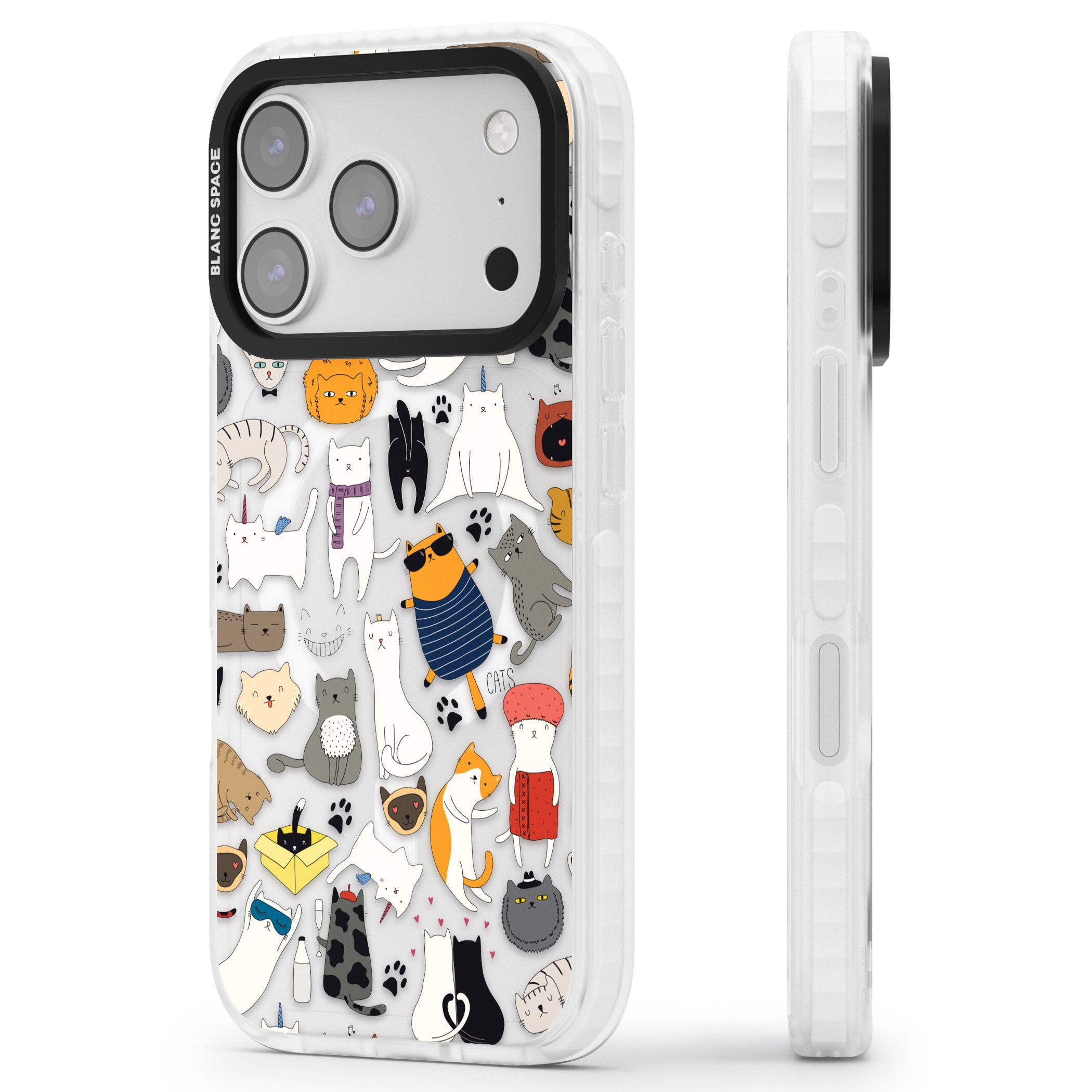 Cartoon Cat Collage iPhone 17 Pro Impact Pro Clear Phone Case Side Profile