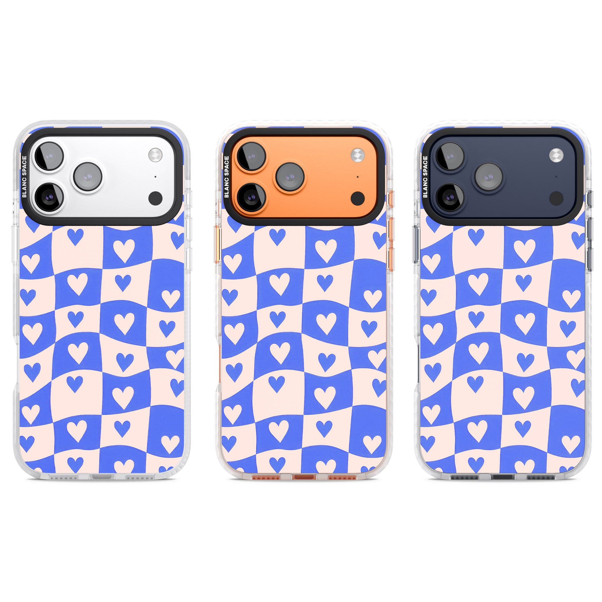 Blue Wavy Checked Hearts iPhone 17 Pro Impact Pro Clear Phone Case APT Impact Protection