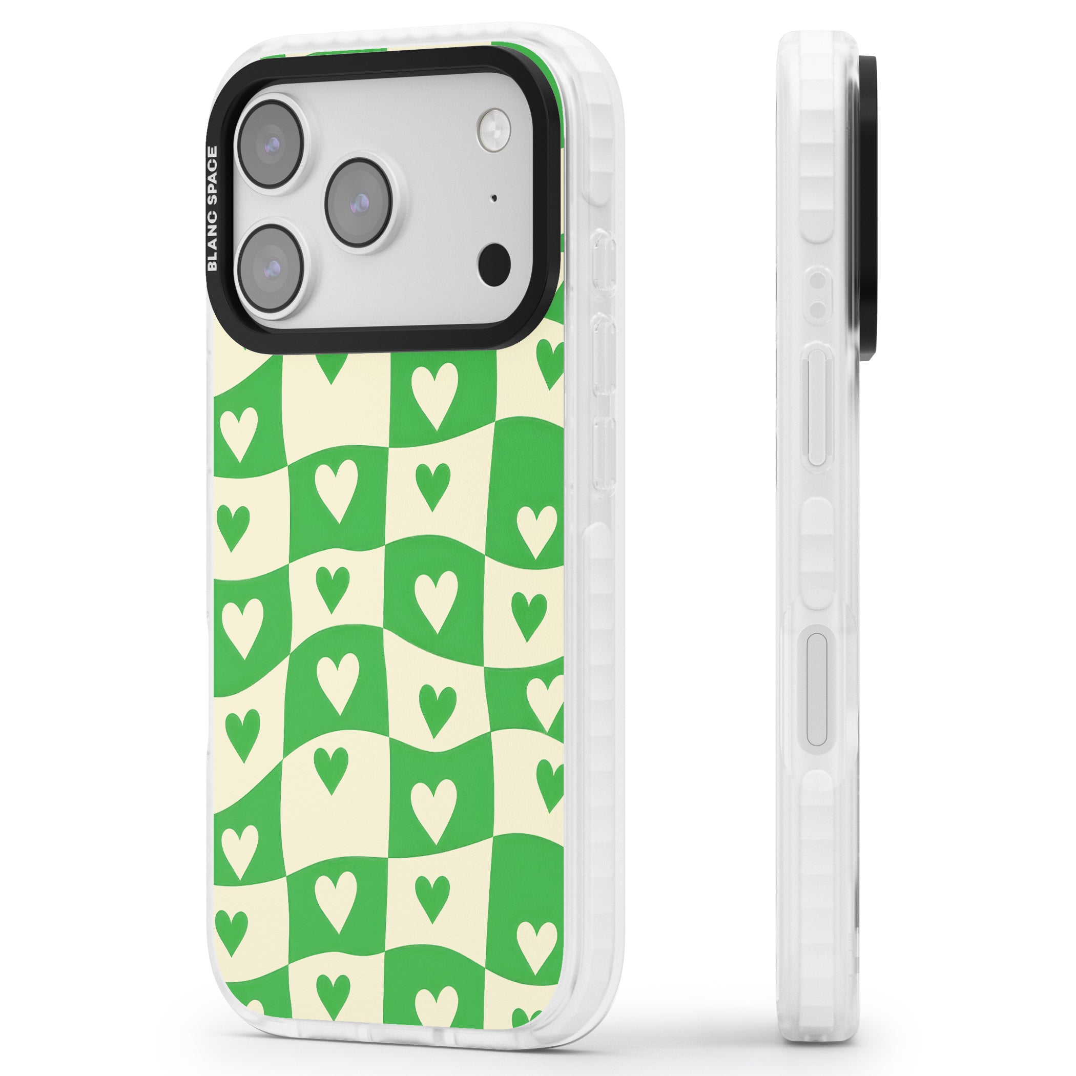 Green Wavy Checked Hearts iPhone 17 Pro Impact Pro Clear Phone Case Side Profile