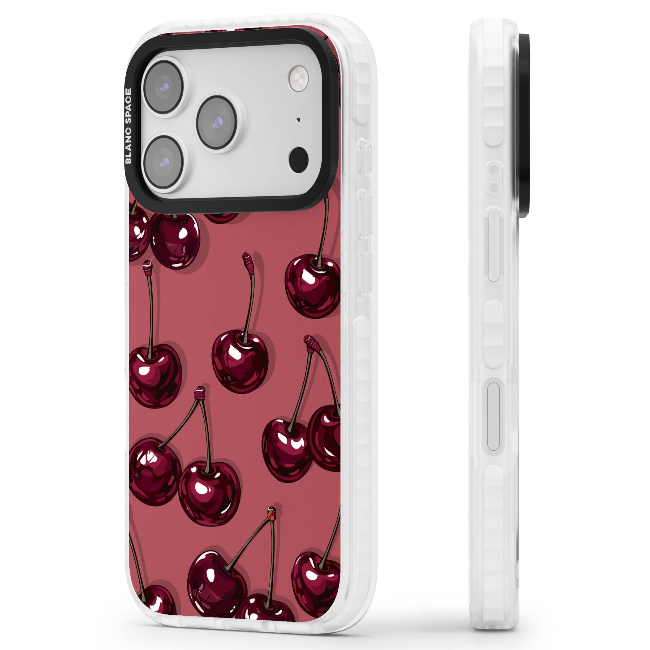 Cherry Rebel coquette iPhone case featuring glossy burgundy cherries on a dusty rose background | Impact Magsafe case for iPhone 17 Pro, iPhone 17 Pro Max