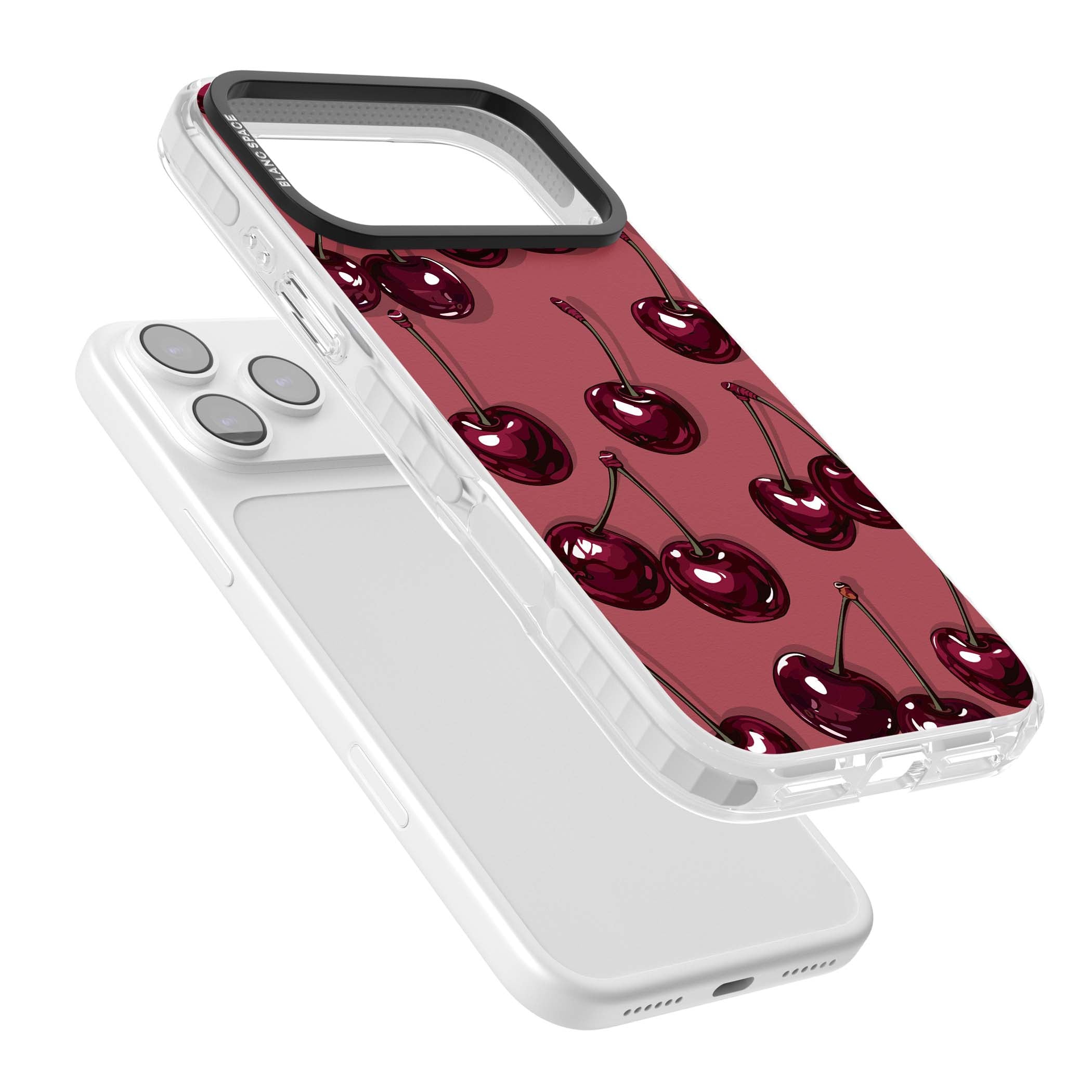 Cherry Rebel coquette iPhone case featuring glossy burgundy cherries on a dusty rose background | Impact Magsafe case for iPhone 17 Pro, iPhone 17 Pro Max