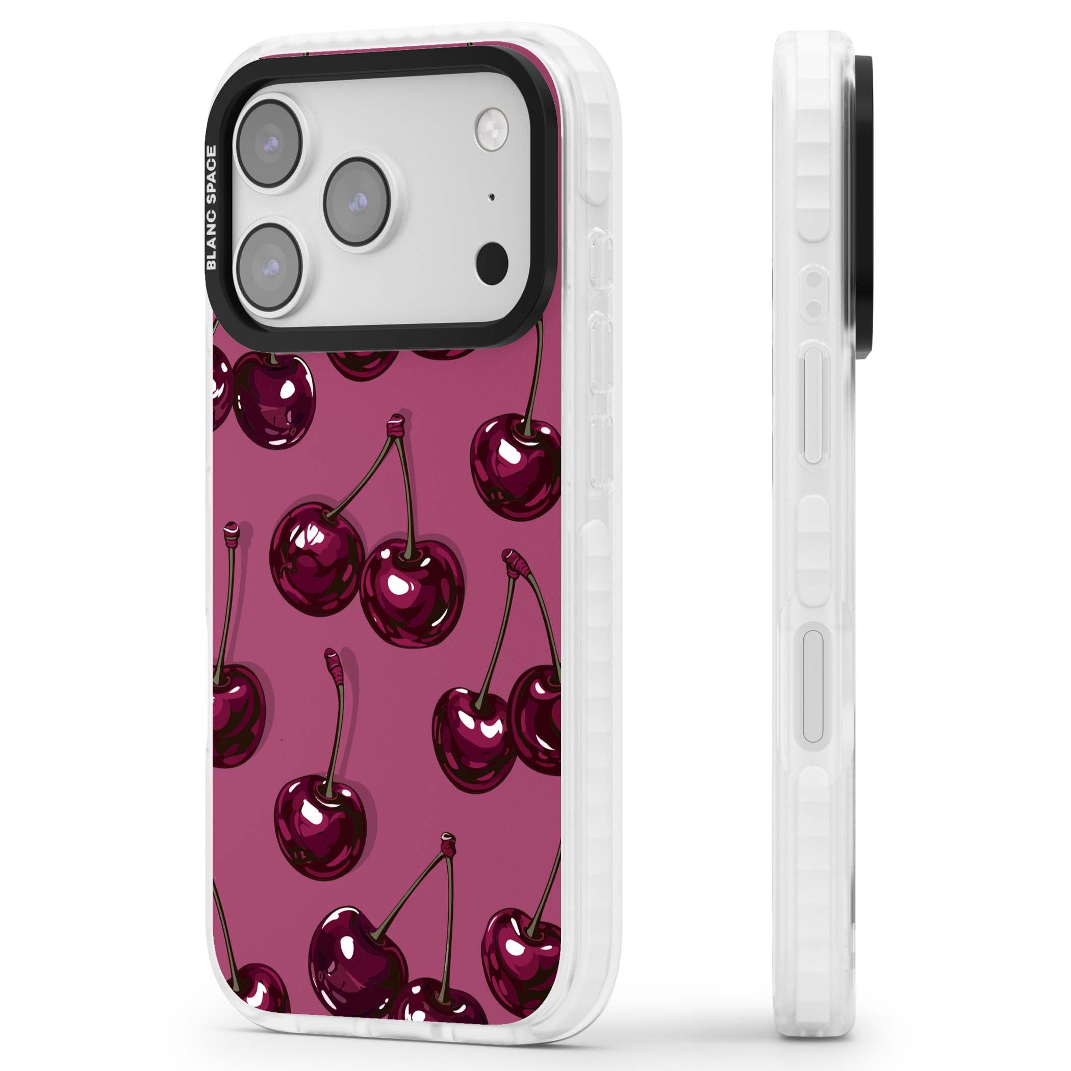 Cherry Soda coquette iPhone case featuring glossy burgundy cherries on a dusty pink background | Impact Magsafe case for iPhone 17 Pro, iPhone 17 Pro Max