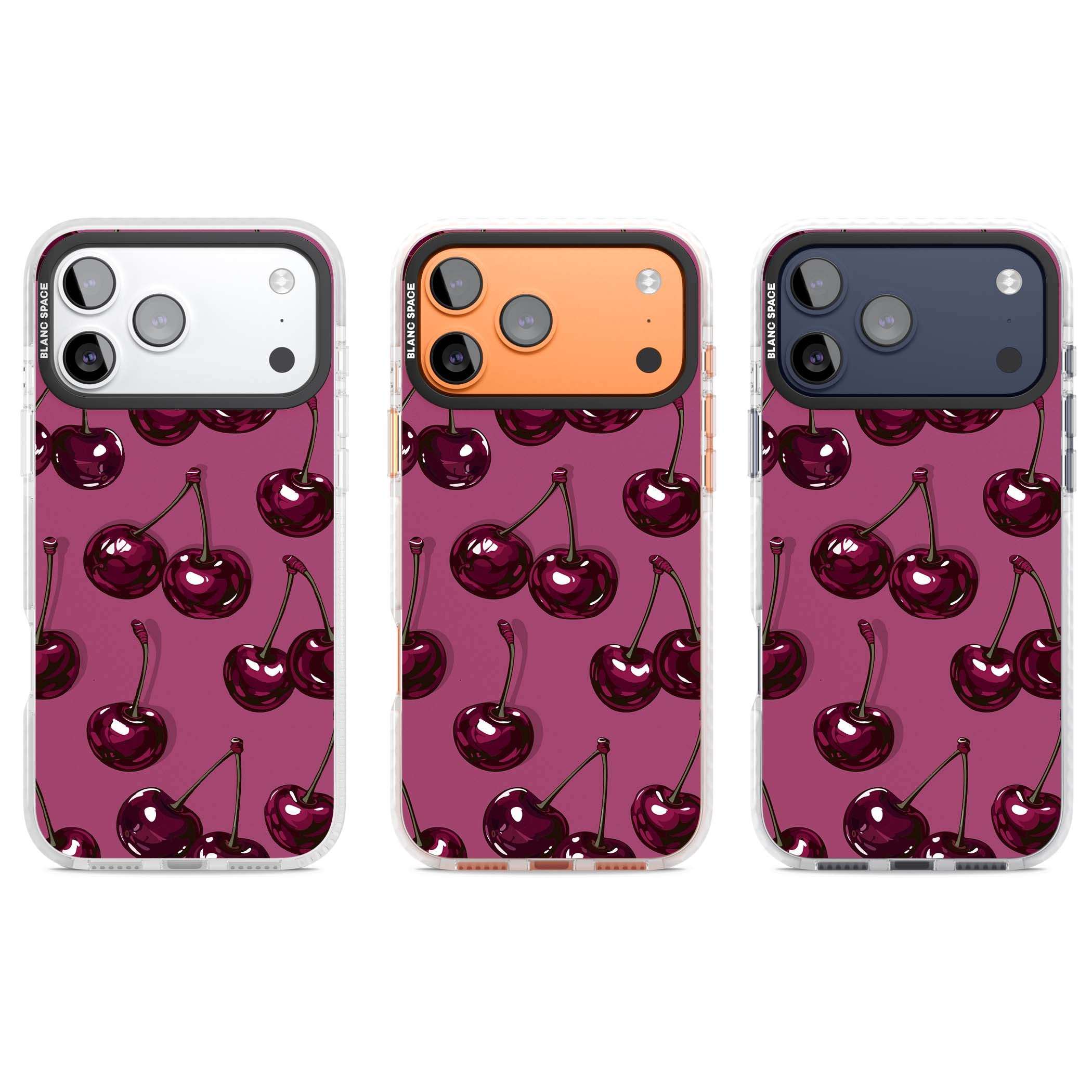 Cherry Soda coquette iPhone case featuring glossy burgundy cherries on a dusty pink background | Impact Magsafe case for iPhone 17 Pro, iPhone 17 Pro Max