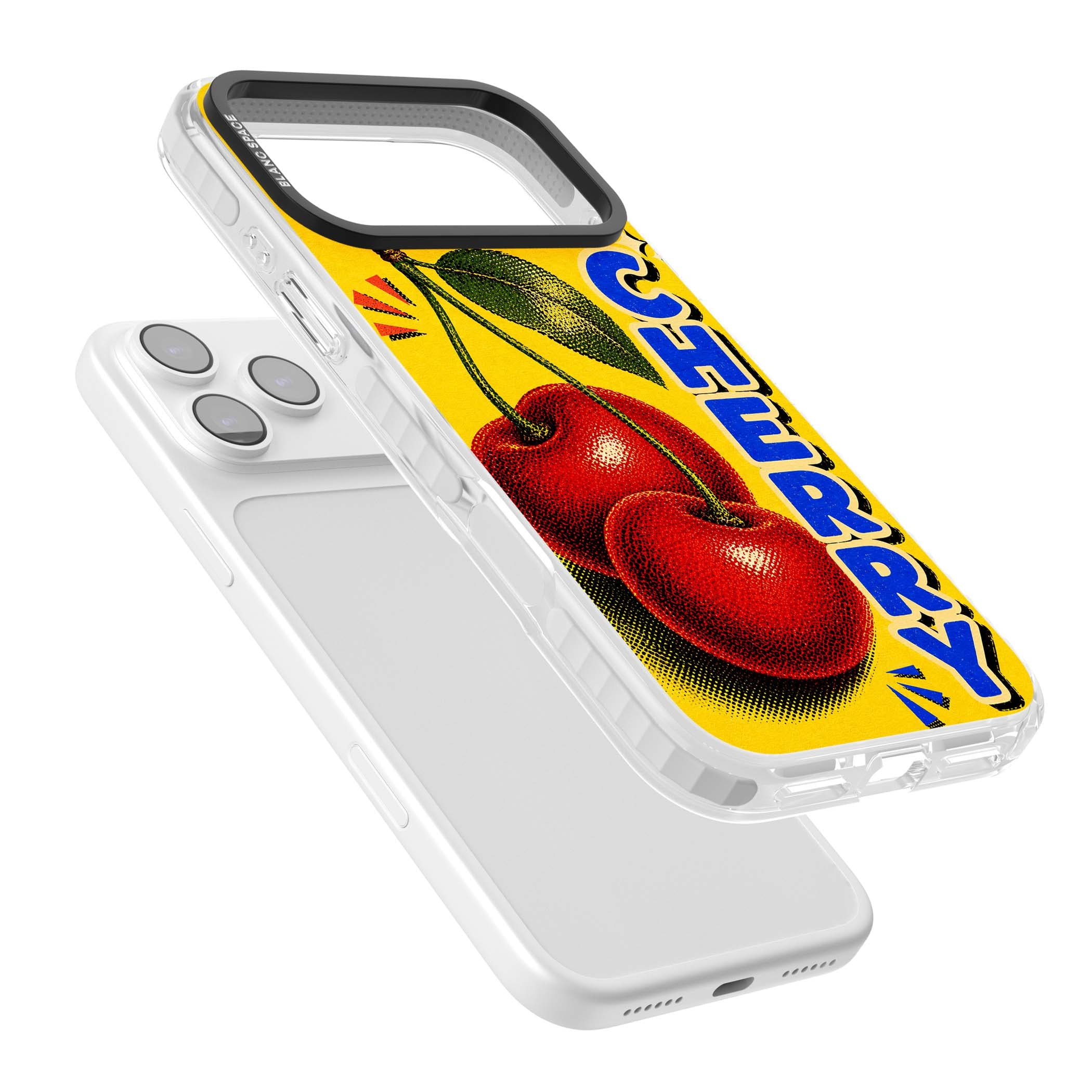 Cherry Yellow y2k iPhone case featuring two red cherries, halftone shading and bold blue CHERRY lettering on yellow | Impact Magsafe case for iPhone 17 Pro, iPhone 17 Pro Max