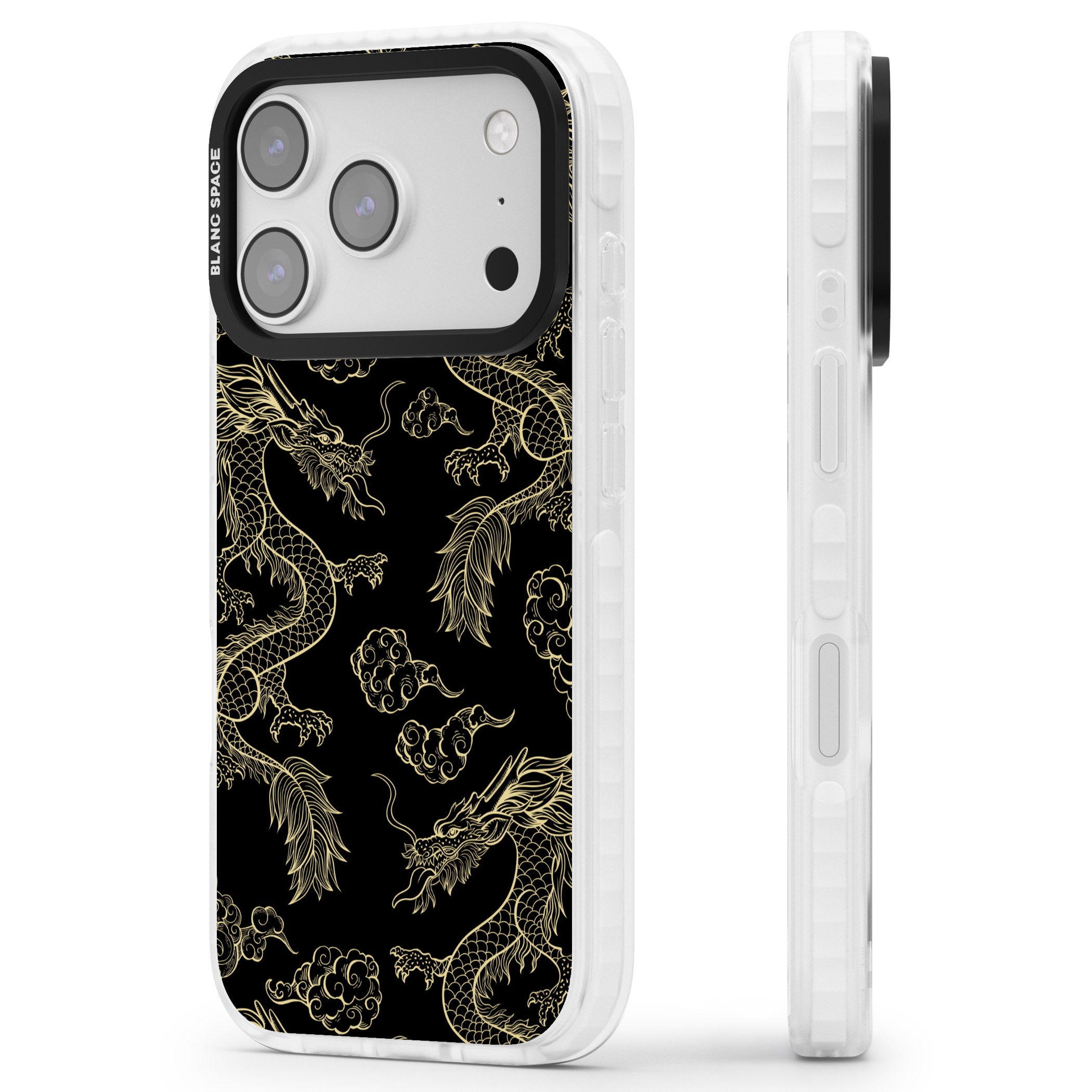 Black And Gold Dragon Pattern iPhone 17 Pro Impact Pro Clear Phone Case Side Profile