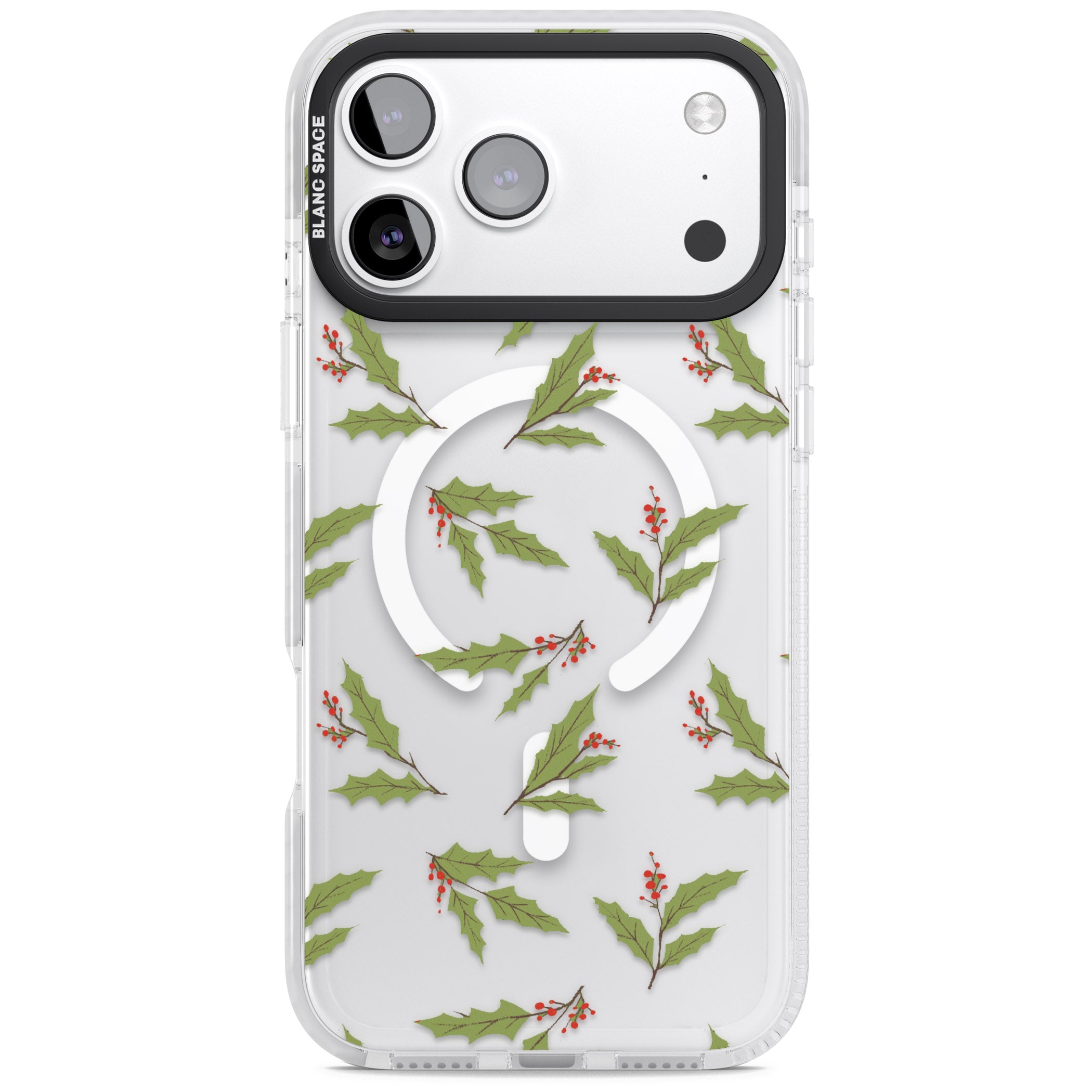 Christmas Holly Pattern iPhone 17 Pro Impact Pro Clear Phone Case
