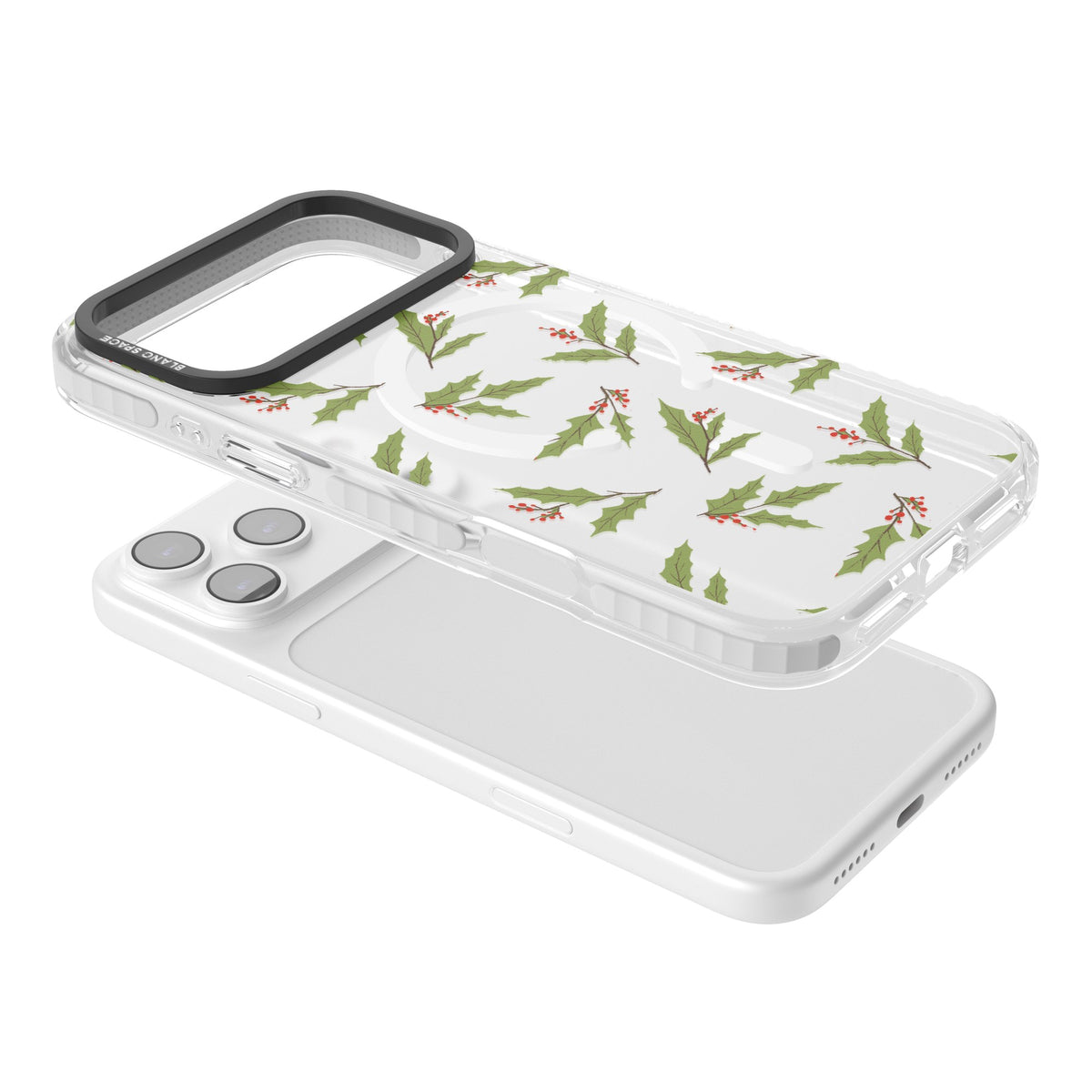 Christmas Holly Pattern iPhone 17 Pro Max Impact Pro Clear Phone Case angled
