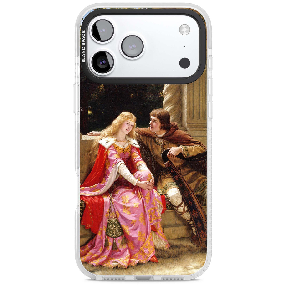 The End of the Song classic art iPhone case featuring a medieval lady in pink gown and her knight in a stone archway | Impact Magsafe case for iPhone 17 Pro, iPhone 17 Pro Max