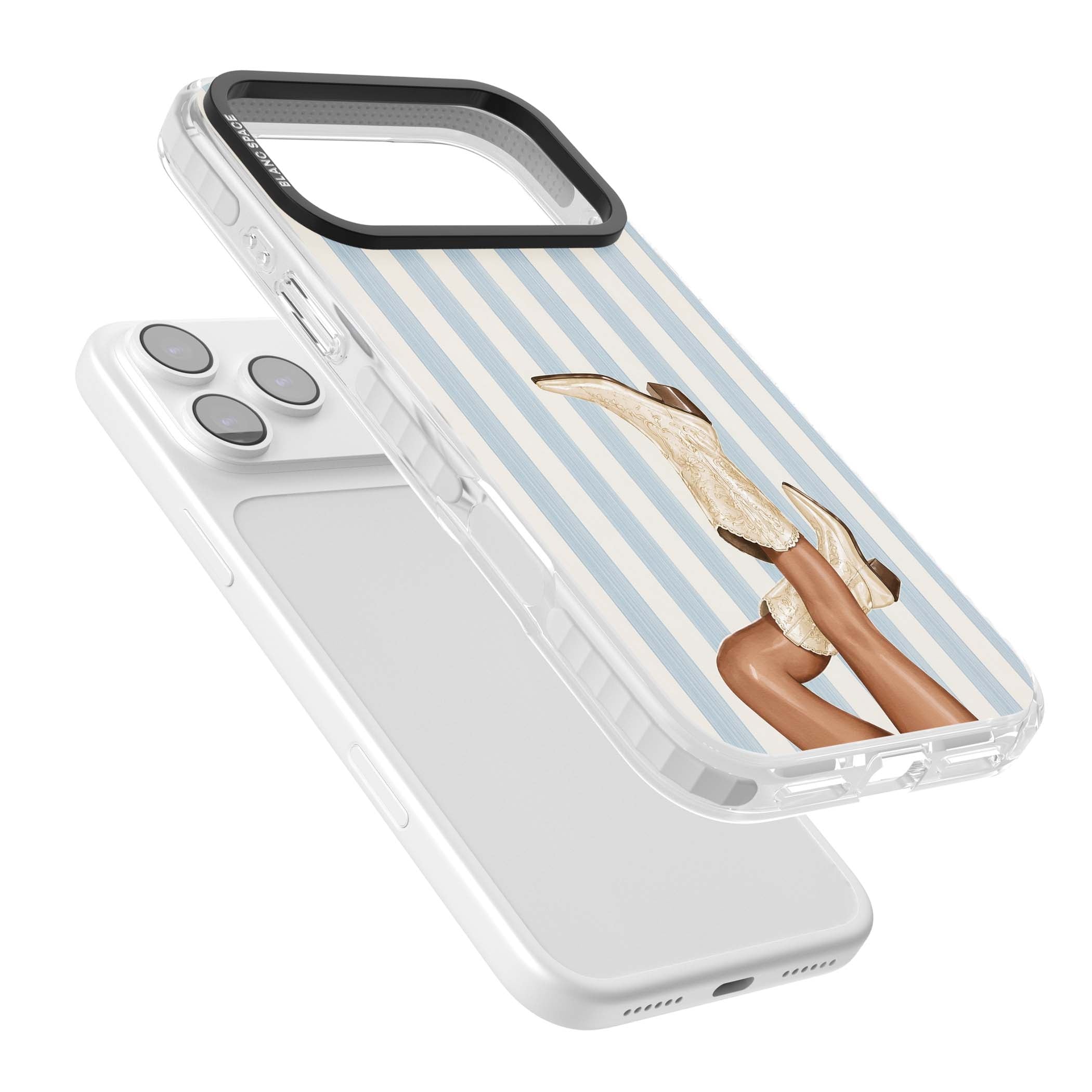 Cowgirl Boots coastal cowgirl iPhone case featuring embroidered western boots, tanned legs and a blue stripe backdrop | Impact Magsafe case for iPhone 17 Pro, iPhone 17 Pro Max
