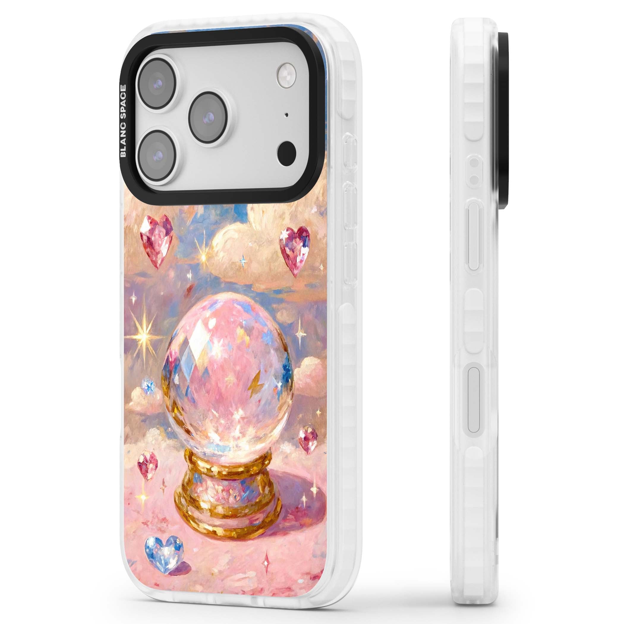 Crystal Ball fairycore iPhone case featuring a painted crystal ball, heart gemstones, and pastel clouds | Impact Magsafe case for iPhone 17 Pro, iPhone 17 Pro Max