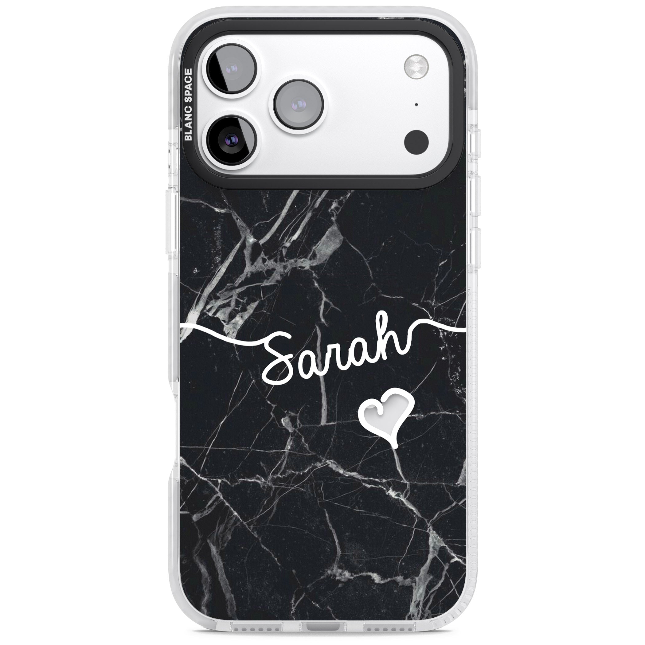 Personalised Black Marble Heart iPhone 17 Pro Impact Pro Clear Phone Case