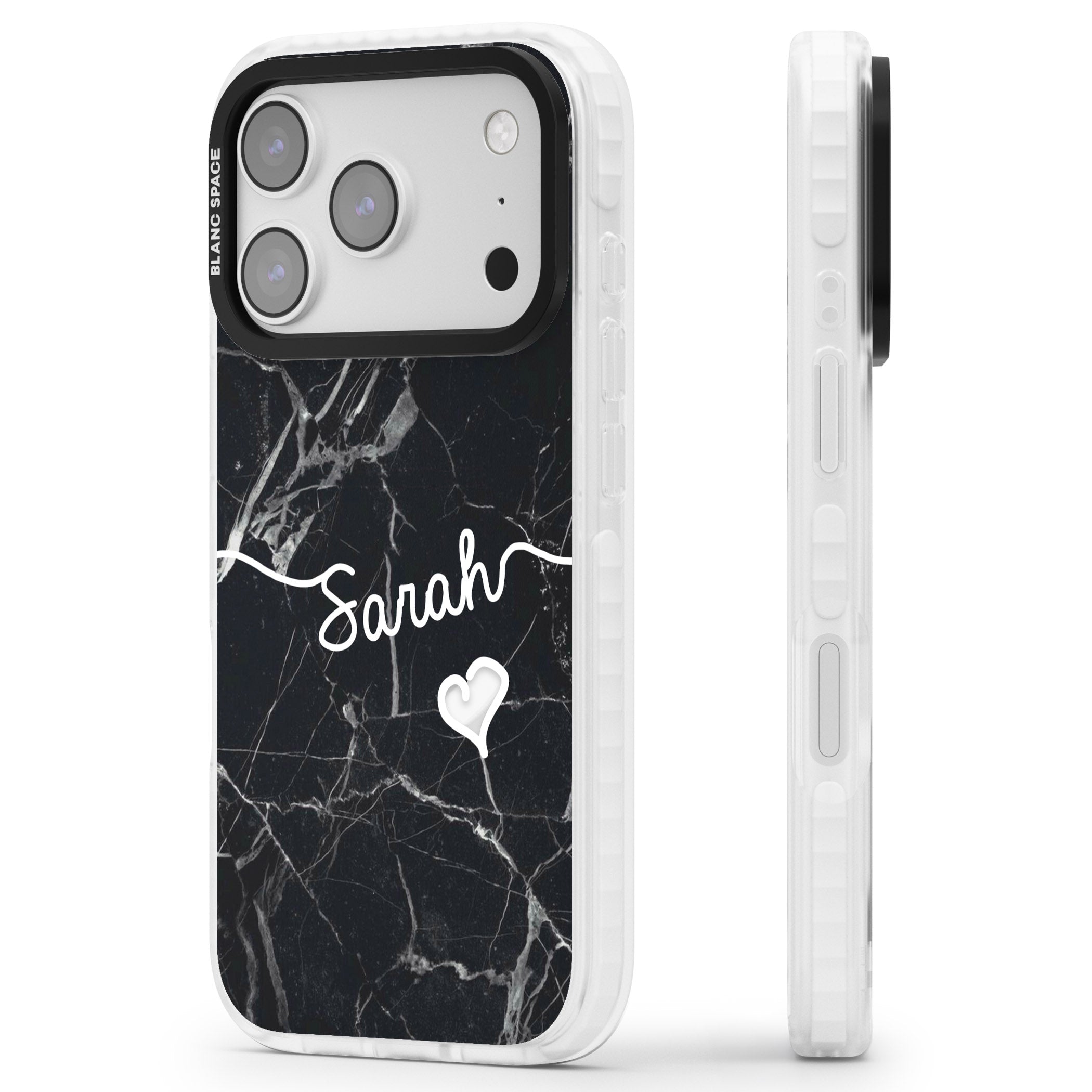 Personalised Black Marble Heart iPhone 17 Pro Impact Pro Clear Phone Case Side Profile