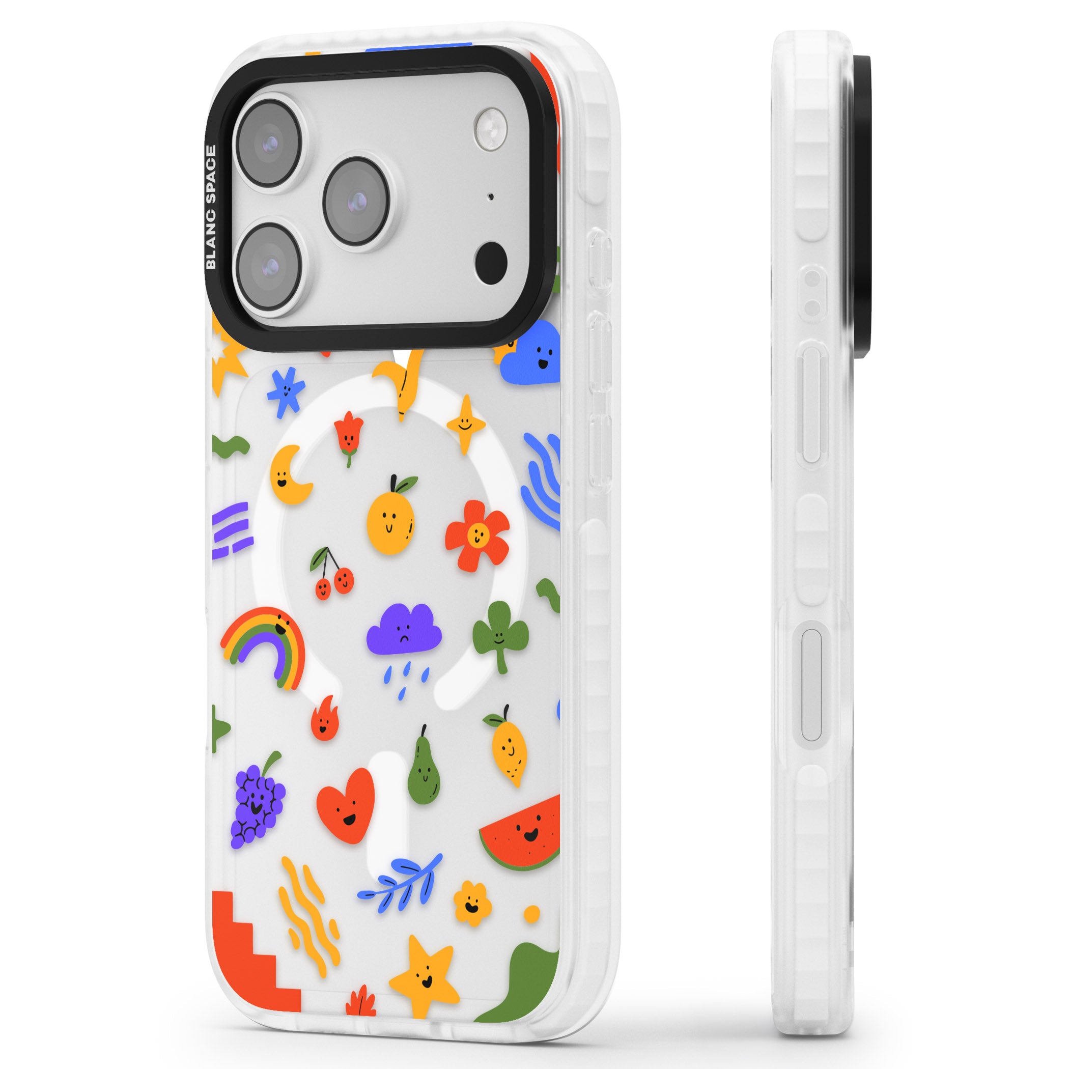 Quirky Cute Icon Pattern iPhone 17 Pro Impact Pro Clear Phone Case Side Profile