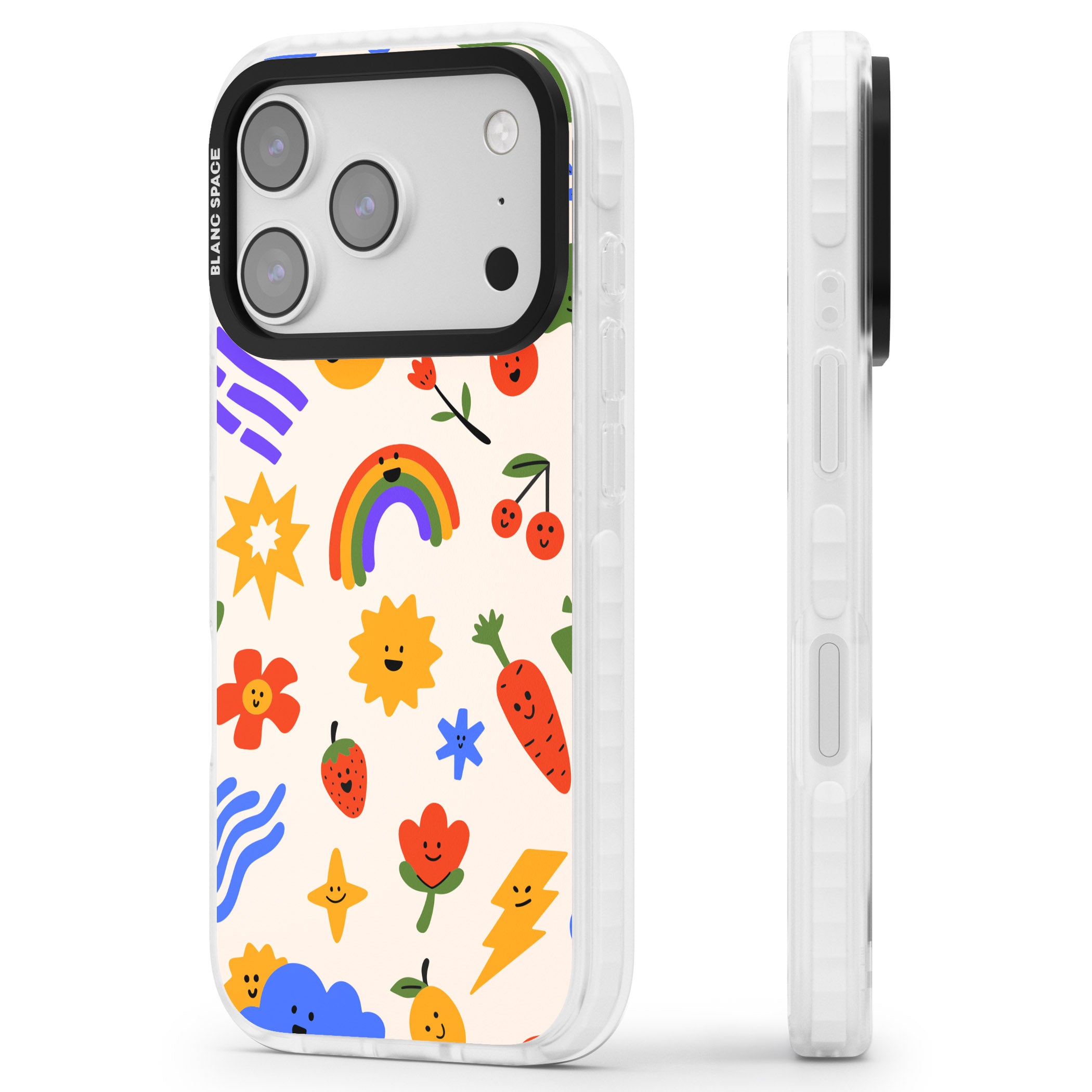 Playful Kawaii Icons iPhone 17 Pro Impact Pro Clear Phone Case Side Profile