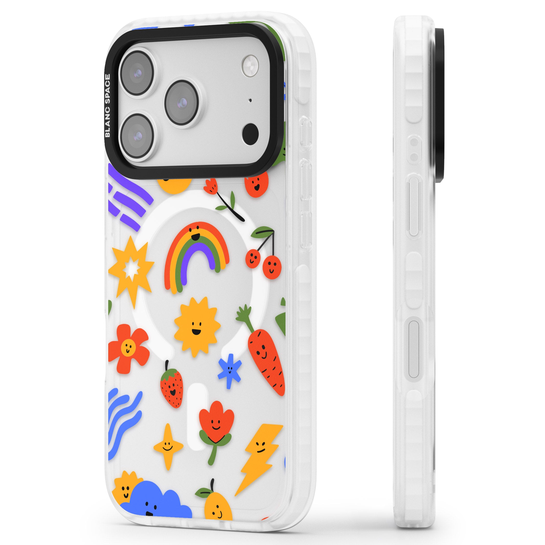 Colorful Kawaii Icons iPhone 17 Pro Impact Pro Clear Phone Case Side Profile