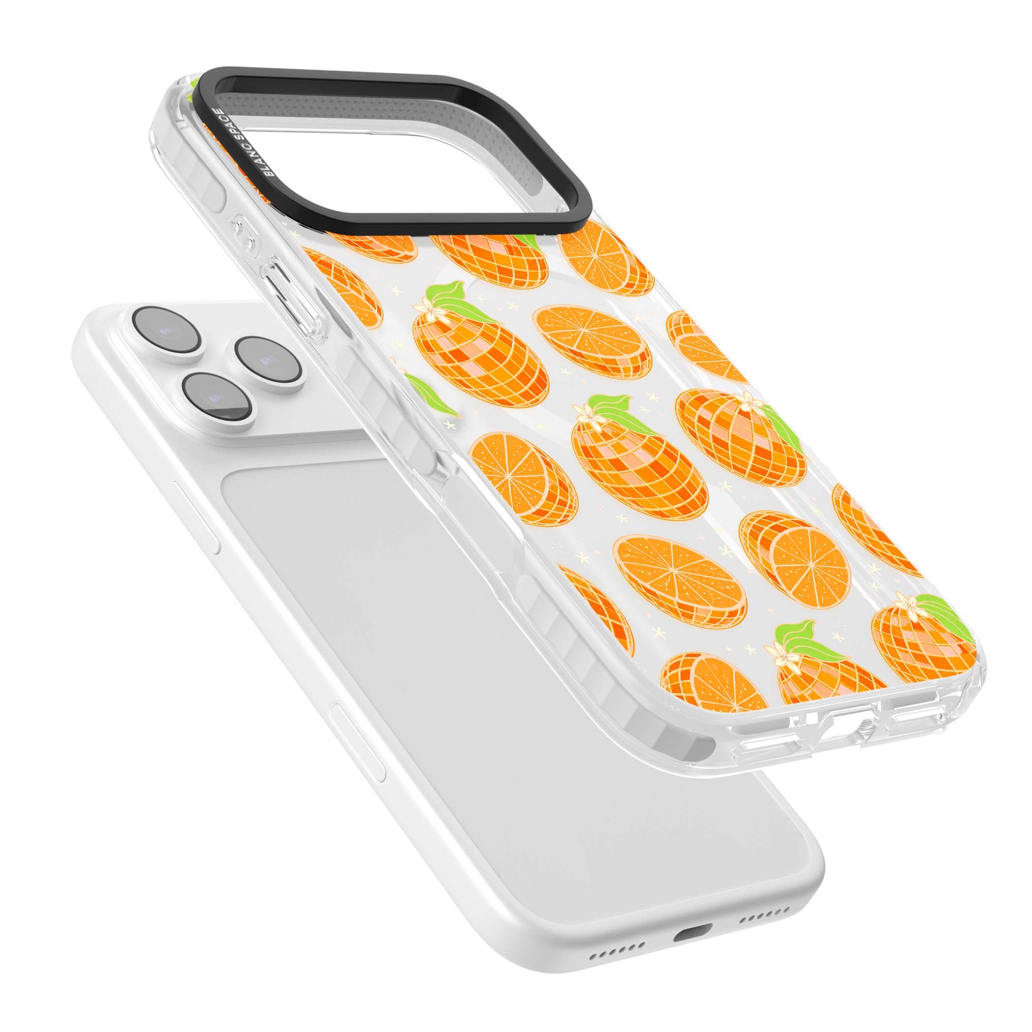 Disco Oranges retro iPhone case featuring mirrorball oranges, citrus slices and tiny blossoms on clear | Impact Magsafe case for iPhone 17 Pro, iPhone 17 Pro Max