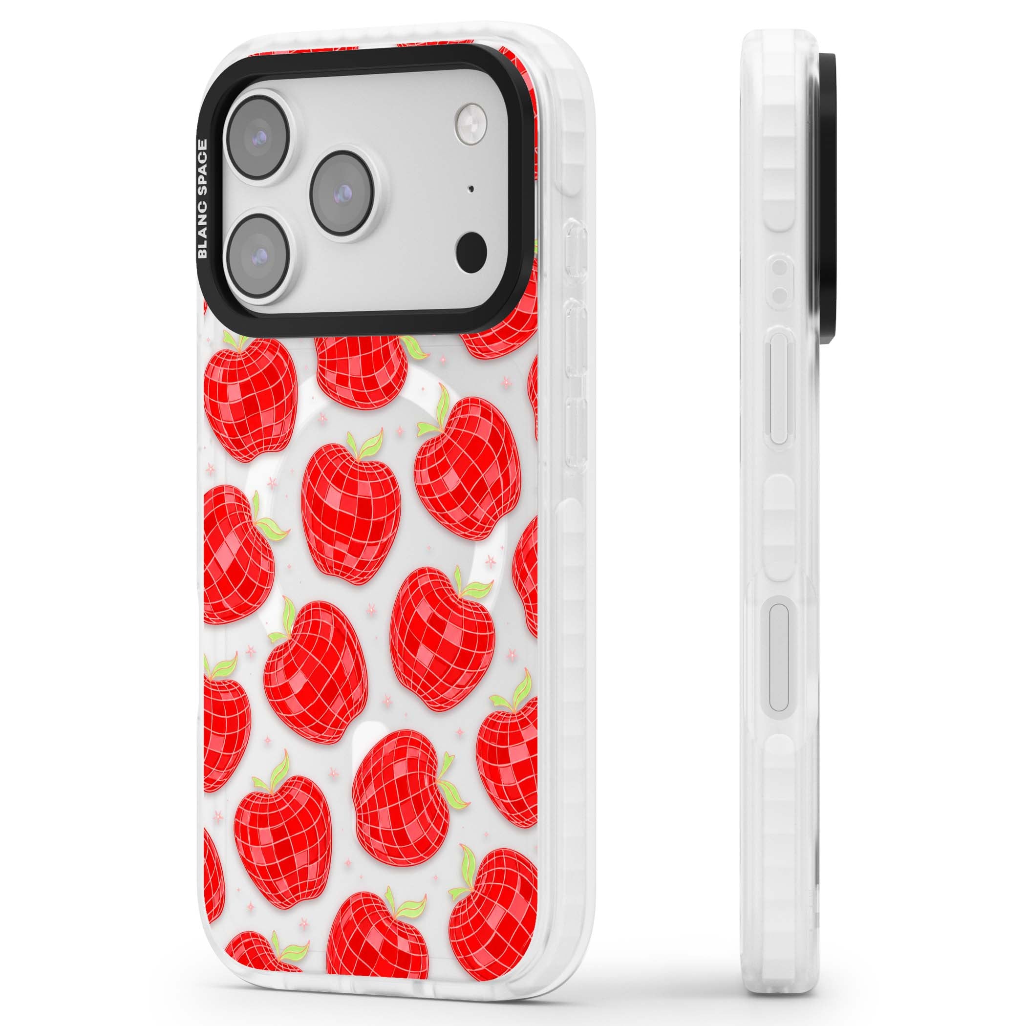 Disco Apples Y2K iPhone case featuring red disco ball apples, green leaves and pink sparkles on clear | Impact Magsafe case for iPhone 17 Pro, iPhone 17 Pro Max