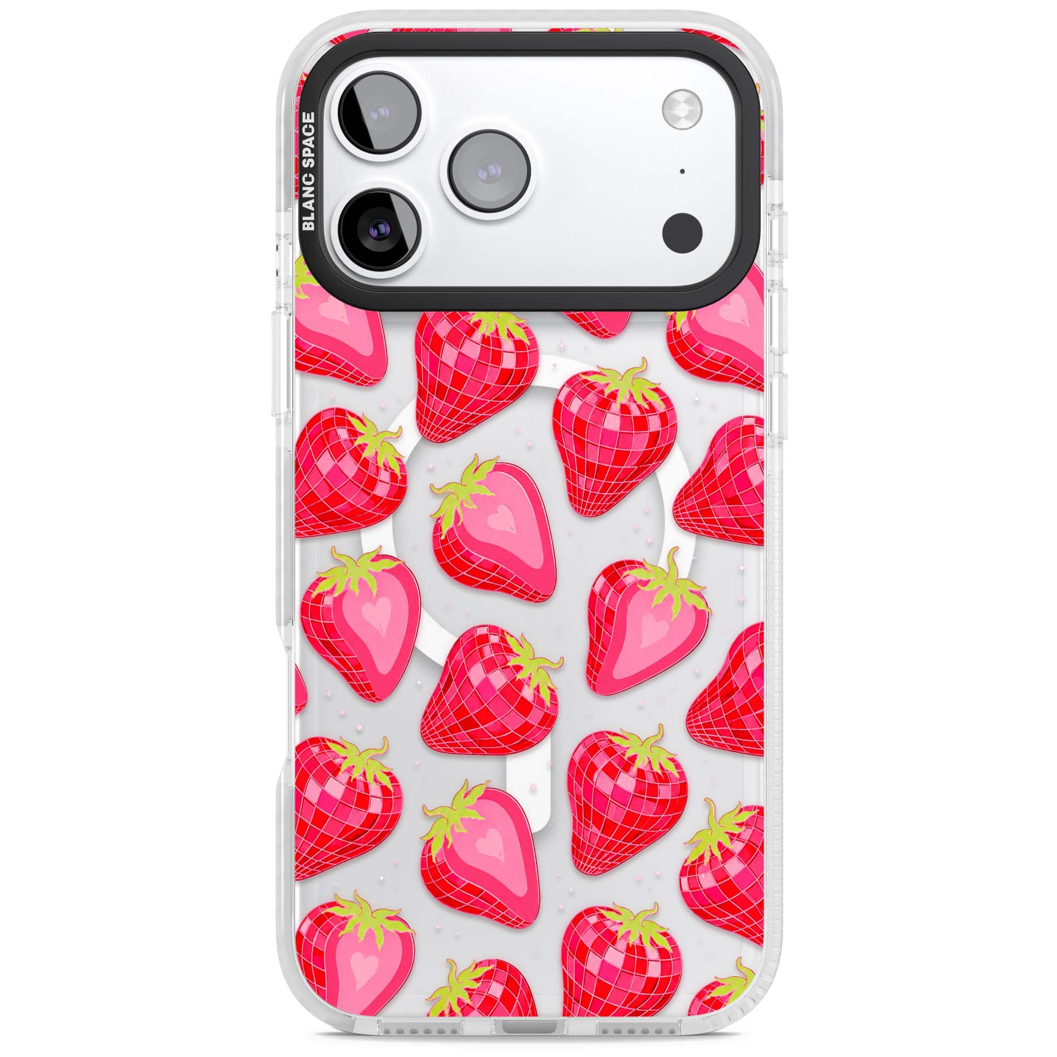 Disco Strawberry Y2K iPhone case featuring pink disco-ball strawberries, green leaves and tiny sparkles | Impact Magsafe case for iPhone 17 Pro, iPhone 17 Pro Max