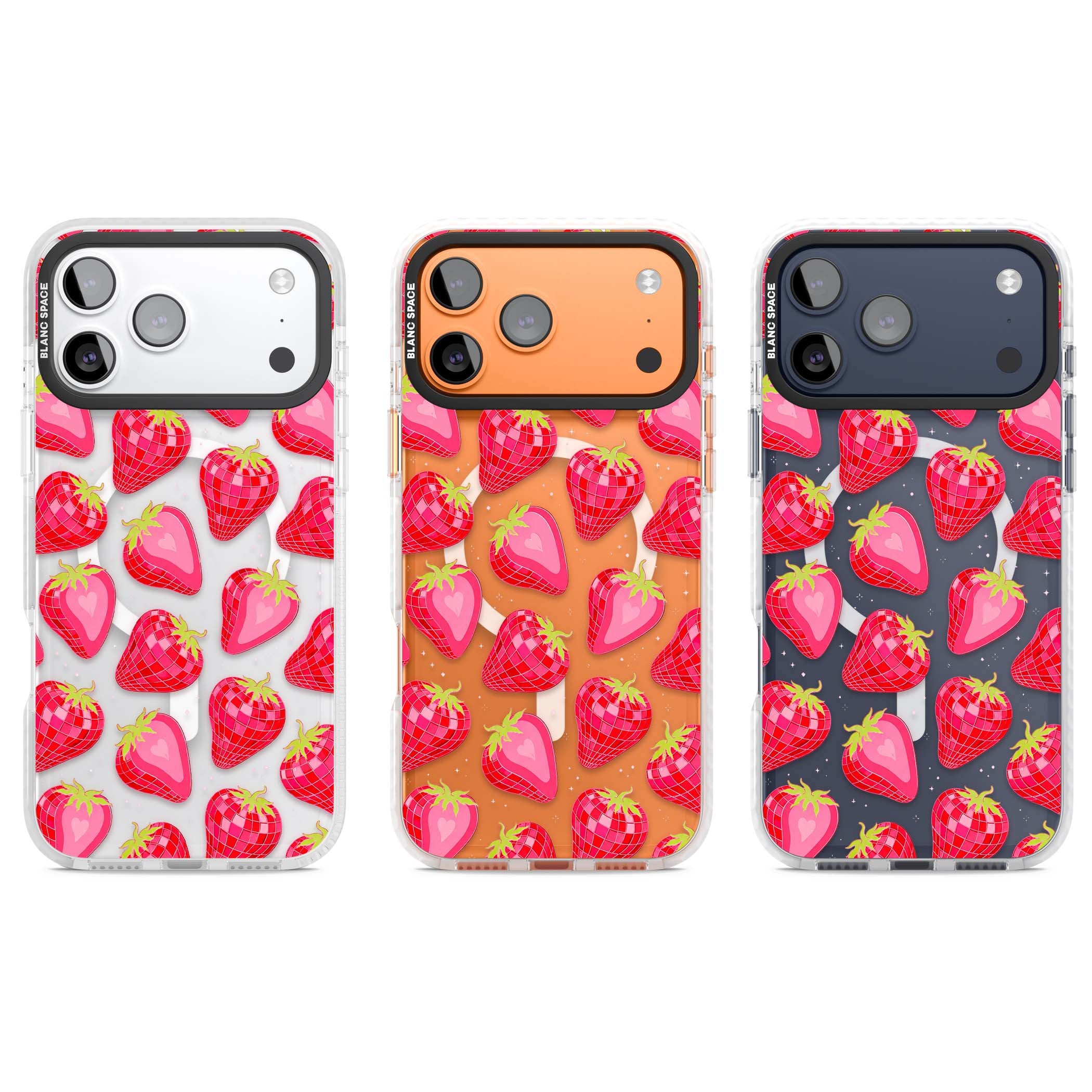 Disco Strawberry Y2K iPhone case featuring pink disco-ball strawberries, green leaves and tiny sparkles | Impact Magsafe case for iPhone 17 Pro, iPhone 17 Pro Max