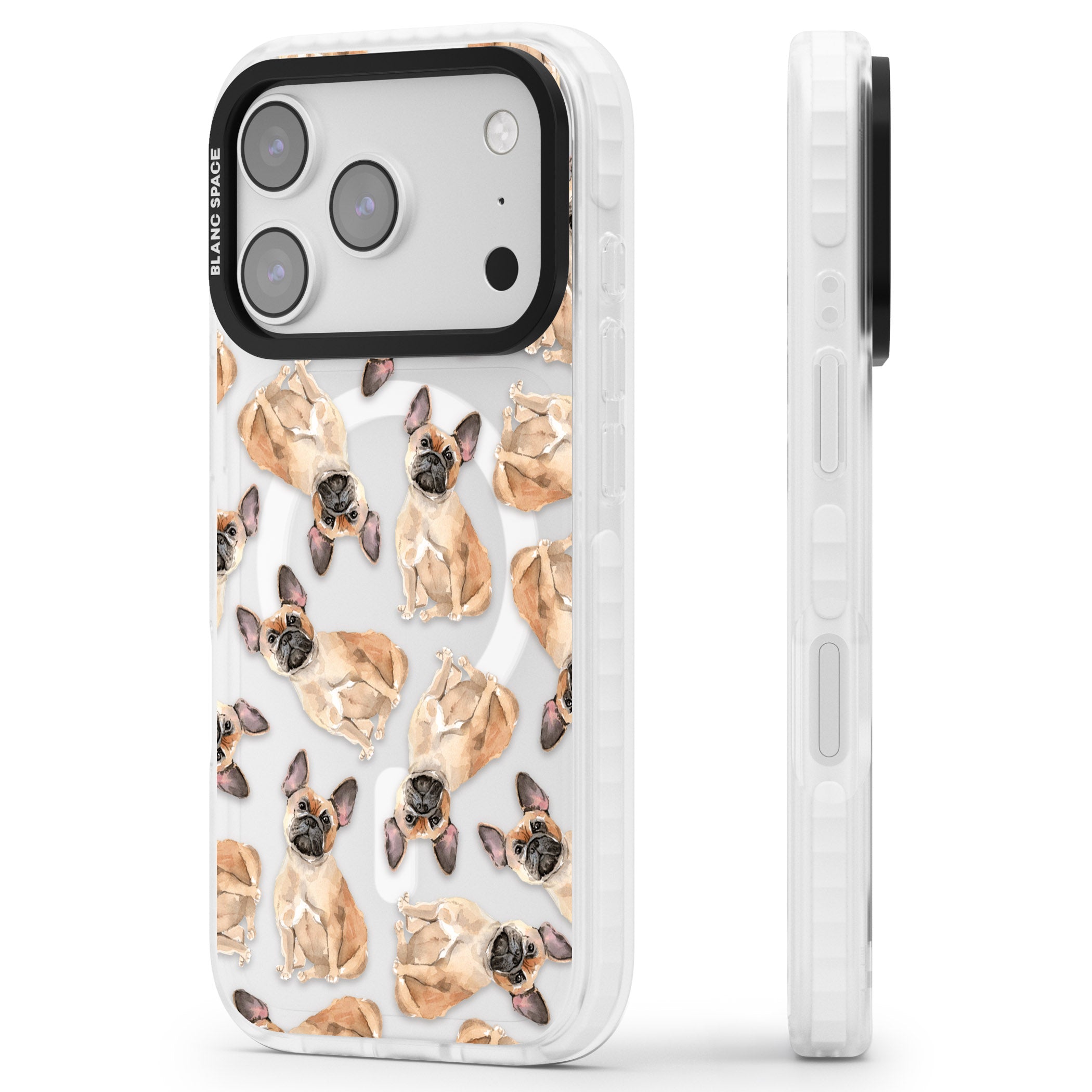 French Bulldog Watercolour Pattern iPhone 17 Pro Impact Pro Clear Phone Case Side Profile
