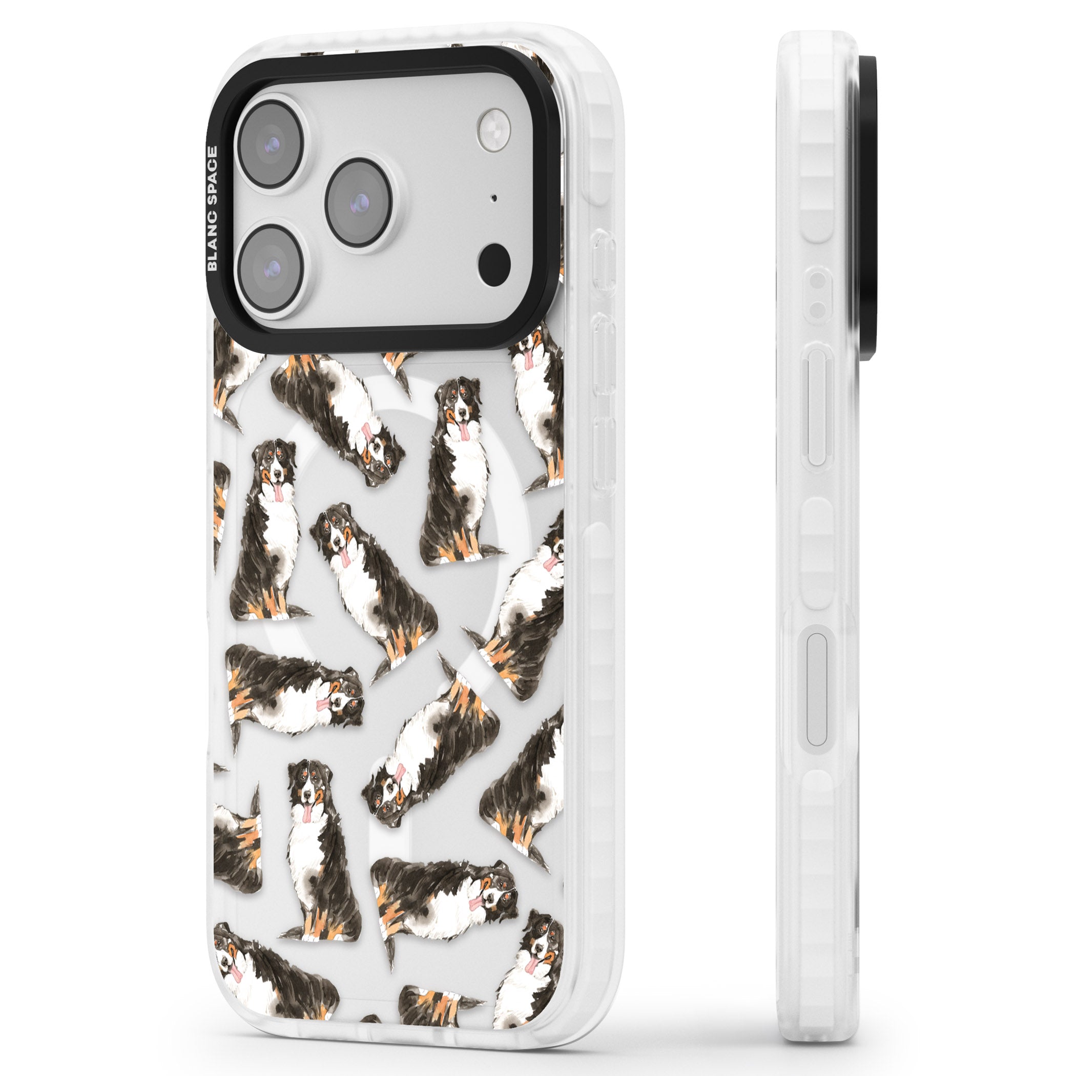 Bernese Mountain Dog Pattern iPhone 17 Pro Impact Pro Clear Phone Case Side Profile