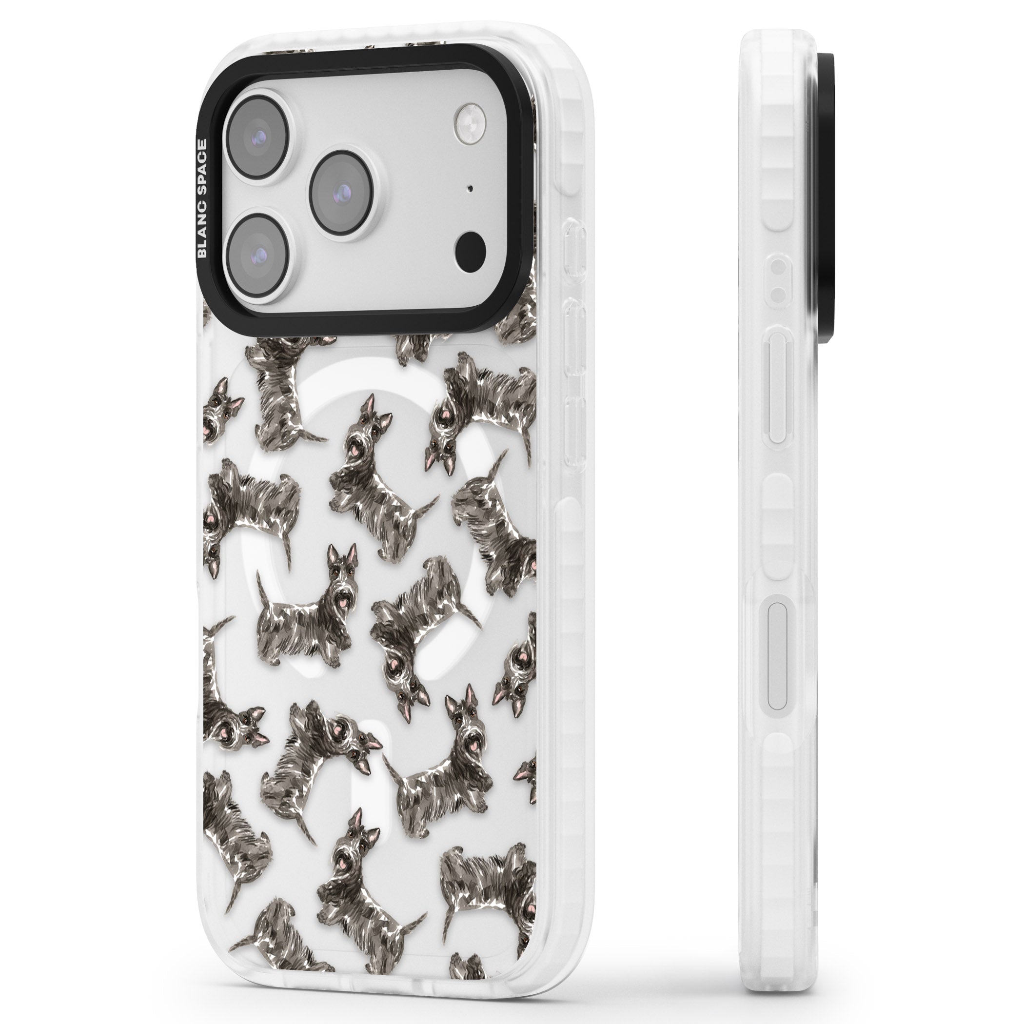 Scottish Terrier Pattern iPhone 17 Pro Impact Pro Clear Phone Case Side Profile