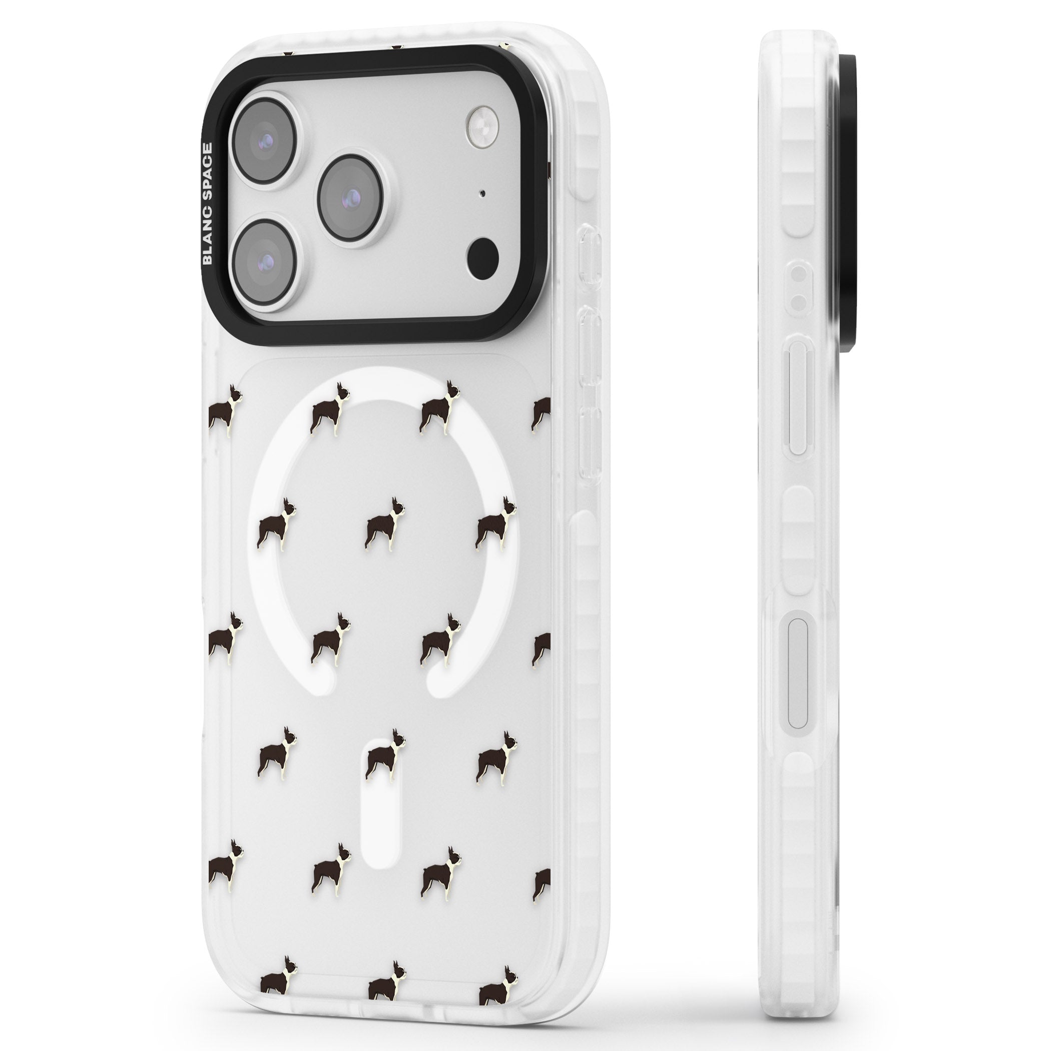 Boston Terrier Pattern iPhone 17 Pro Impact Pro Clear Phone Case Side Profile