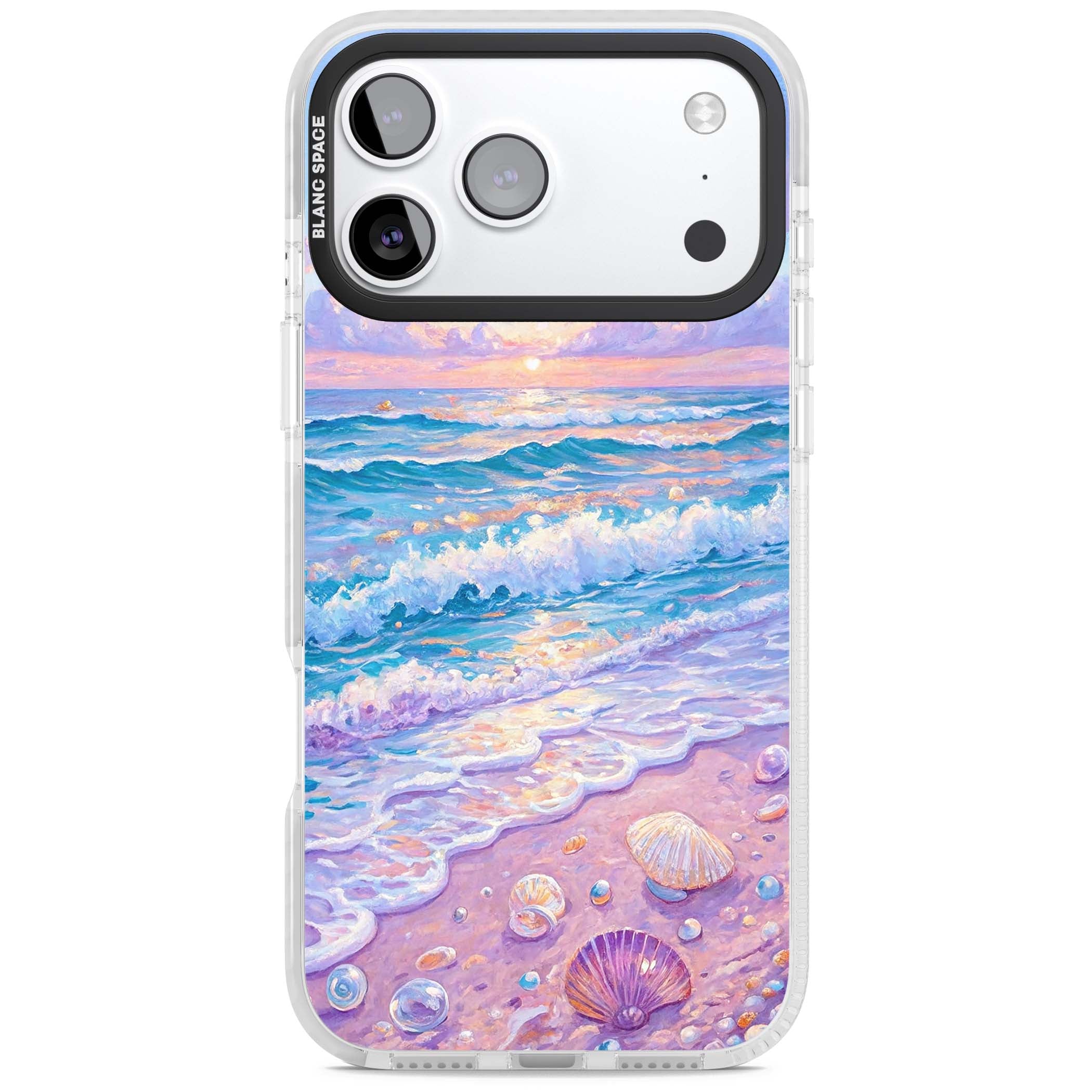 Pearl Shore coastal iPhone case featuring pastel painted waves, seashells, and a sunrise sky over a lavender beach. | Impact Magsafe case for iPhone 17 Pro, iPhone 17 Pro Max