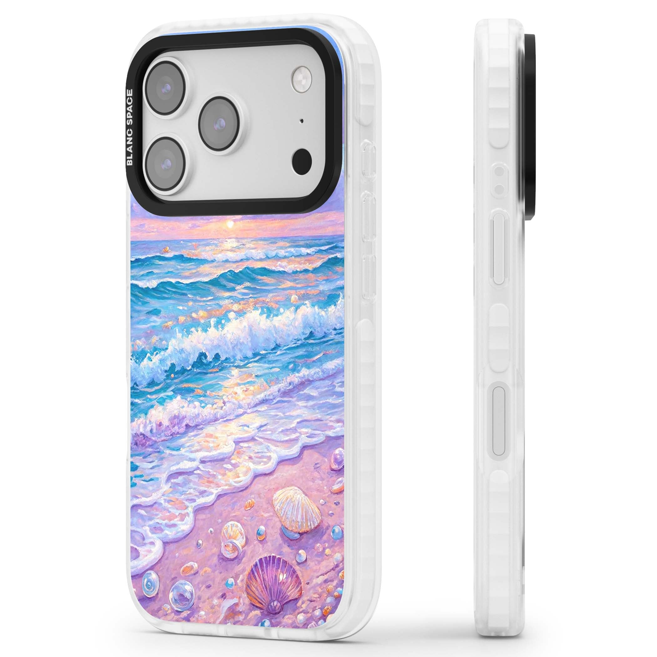 Pearl Shore coastal iPhone case featuring pastel painted waves, seashells, and a sunrise sky over a lavender beach. | Impact Magsafe case for iPhone 17 Pro, iPhone 17 Pro Max
