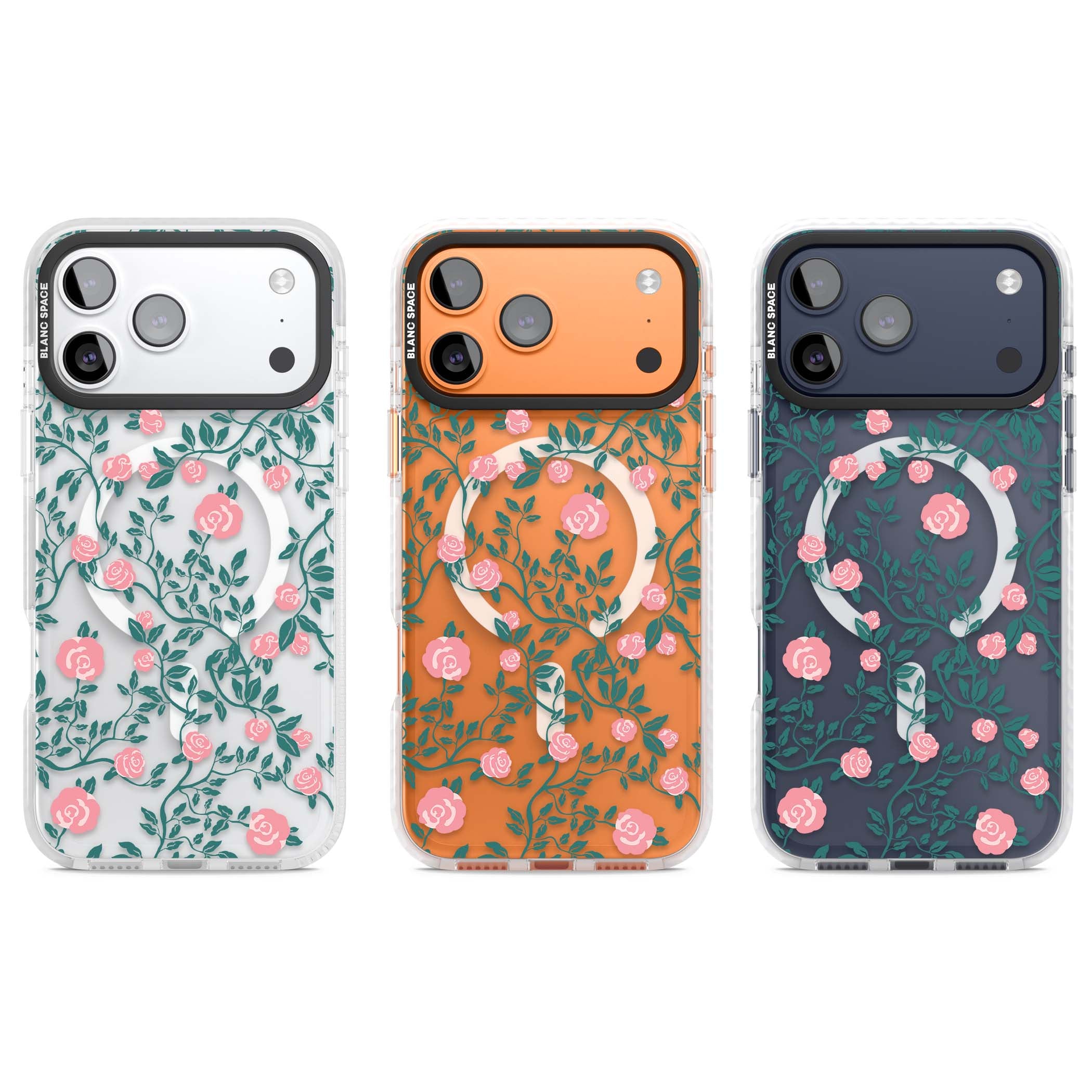 Rose Trellis (Clear) cottagecore iPhone case featuring pink climbing roses and green leaves on clear background | Impact Magsafe case for iPhone 17 Pro, iPhone 17 Pro Max