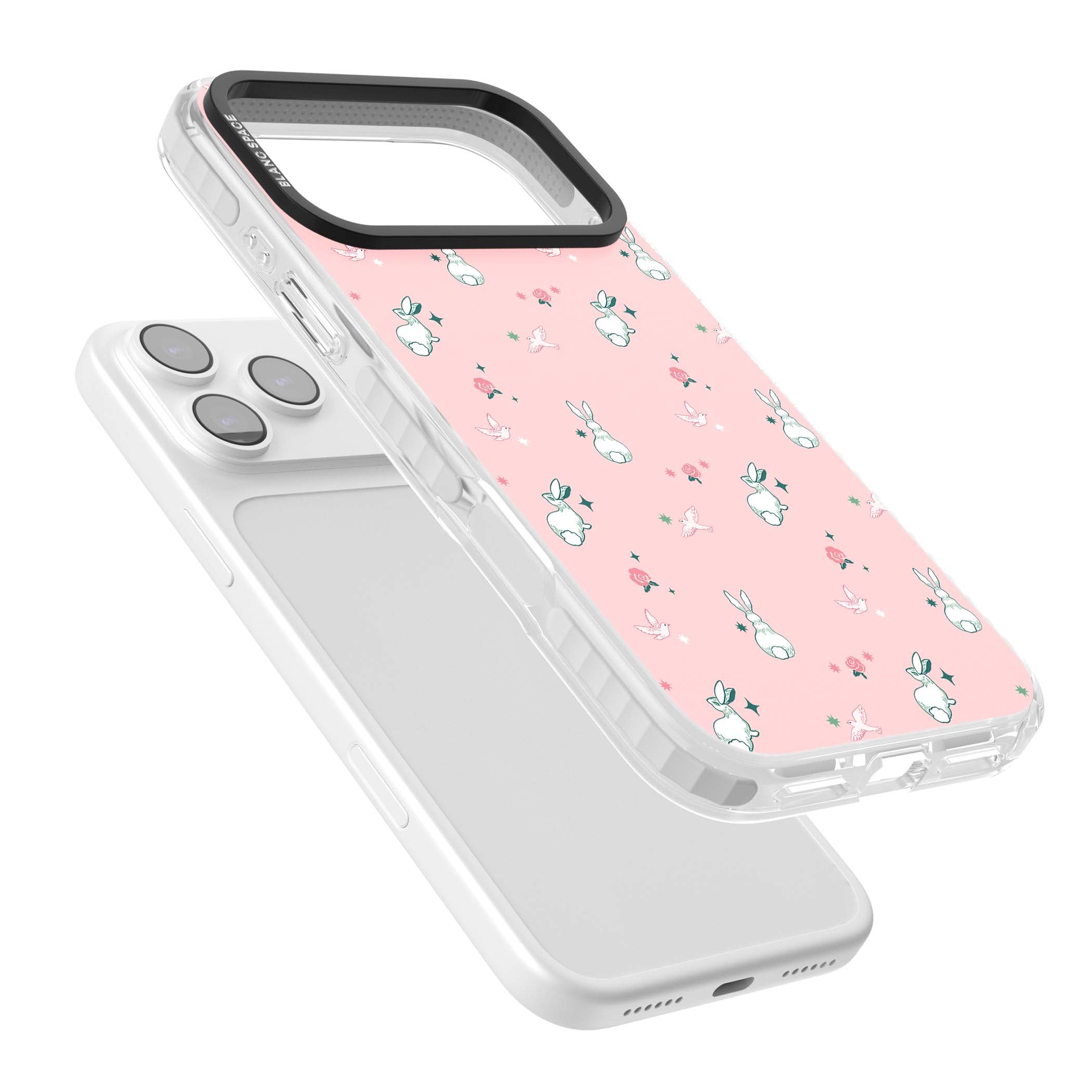 Bunny Garden kawaii iPhone case featuring white rabbits, pink roses, doves and stars on pink background | Impact Magsafe case for iPhone 17 Pro, iPhone 17 Pro Max