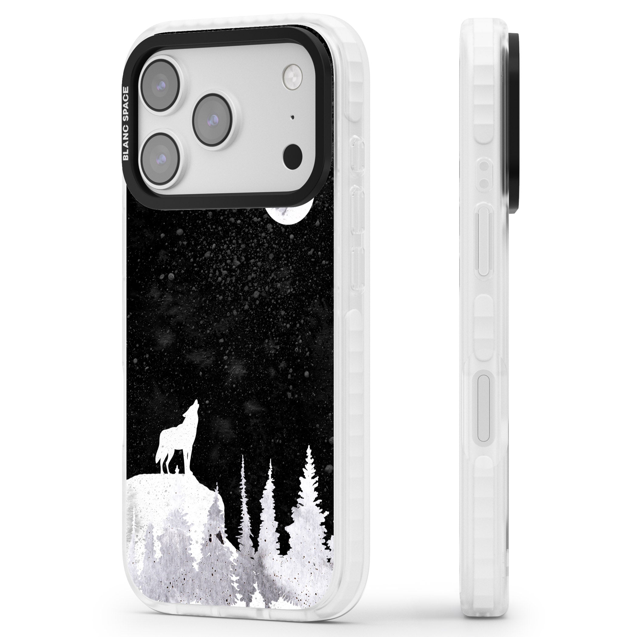 Moon Phases: Wolf & Full Moon iPhone 17 Pro Impact Pro Clear Phone Case Side Profile