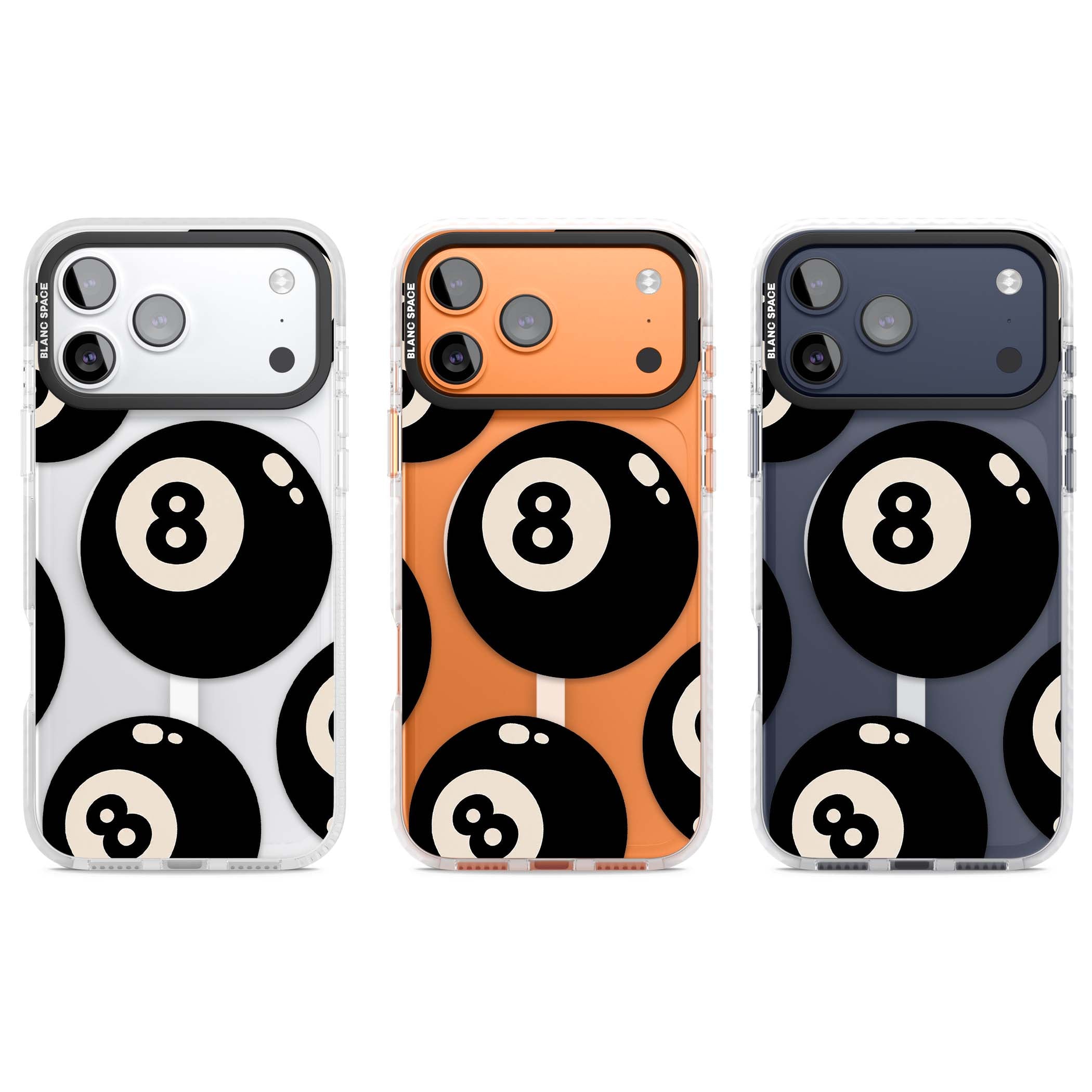 Eights y2k iPhone case featuring scattered black 8 balls with cream highlights on a clear background | Impact Magsafe case for iPhone 17 Pro, iPhone 17 Pro Max