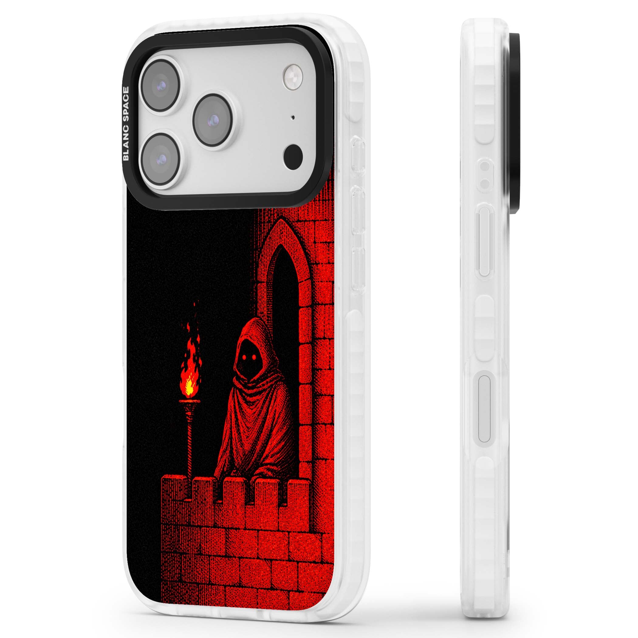 Crimson Crypt gothic iPhone case featuring a hooded reaper, torchlit crypt archway and red halftone horror art | Impact Magsafe case for iPhone 17 Pro, iPhone 17 Pro Max