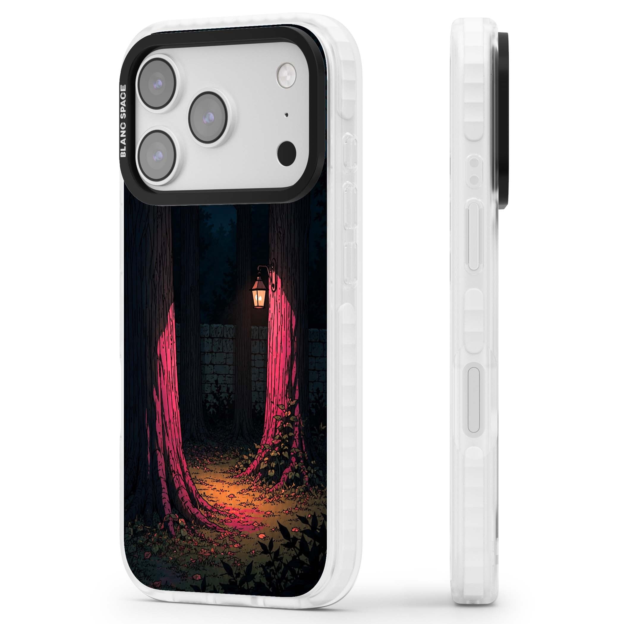 Forest Lantern dark academia iPhone case featuring a moonlit forest, glowing lantern, and stone wall pathway | Impact Magsafe case for iPhone 17 Pro, iPhone 17 Pro Max
