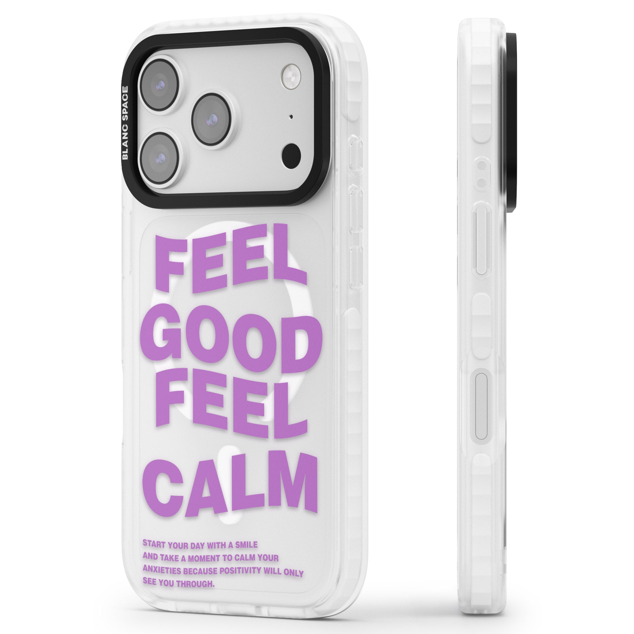 Feel Good Feel Calm (Purple) iPhone 17 Pro Impact Pro Clear Phone Case Side Profile