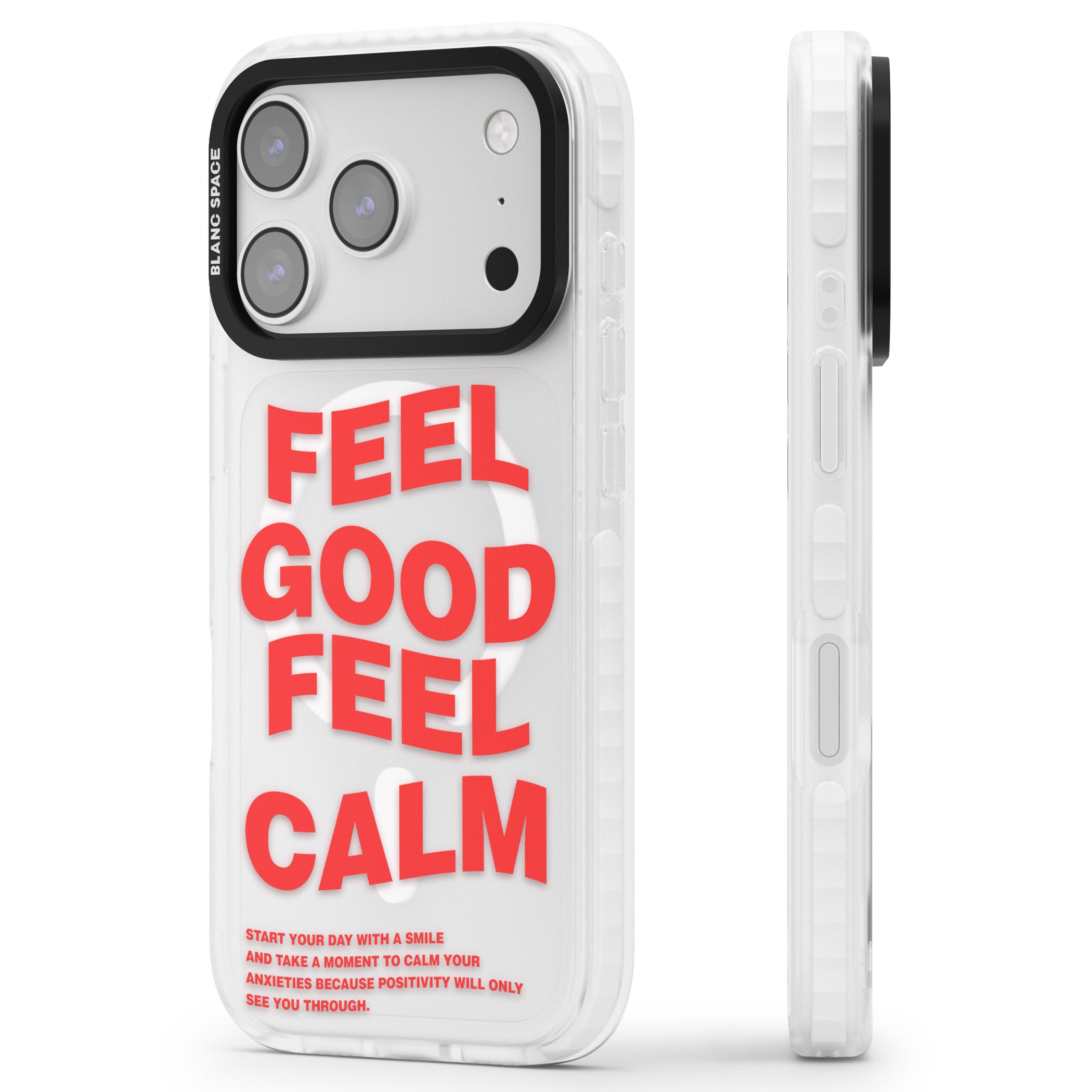 Feel Good Feel Calm (Red) iPhone 17 Pro Impact Pro Clear Phone Case Side Profile