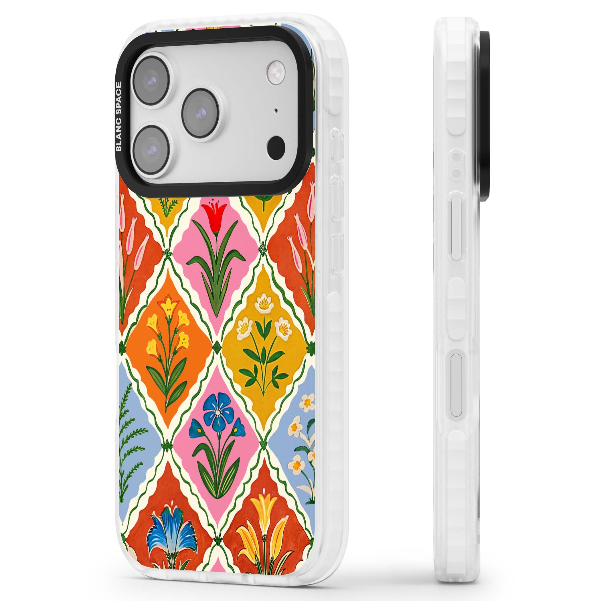 Floral Quilt boho floral iPhone case featuring diamond lattice pattern, hand-painted tulips and folk art wildflowers | Impact Magsafe case for iPhone 17 Pro, iPhone 17 Pro Max