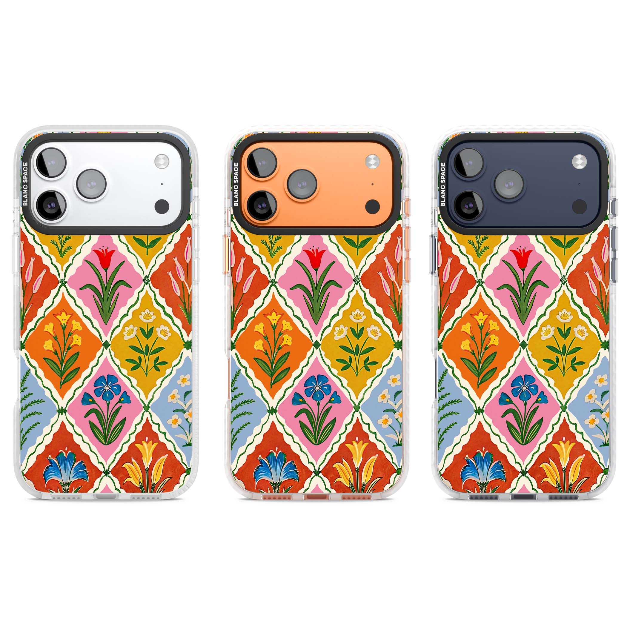 Floral Quilt boho floral iPhone case featuring diamond lattice pattern, hand-painted tulips and folk art wildflowers | Impact Magsafe case for iPhone 17 Pro, iPhone 17 Pro Max