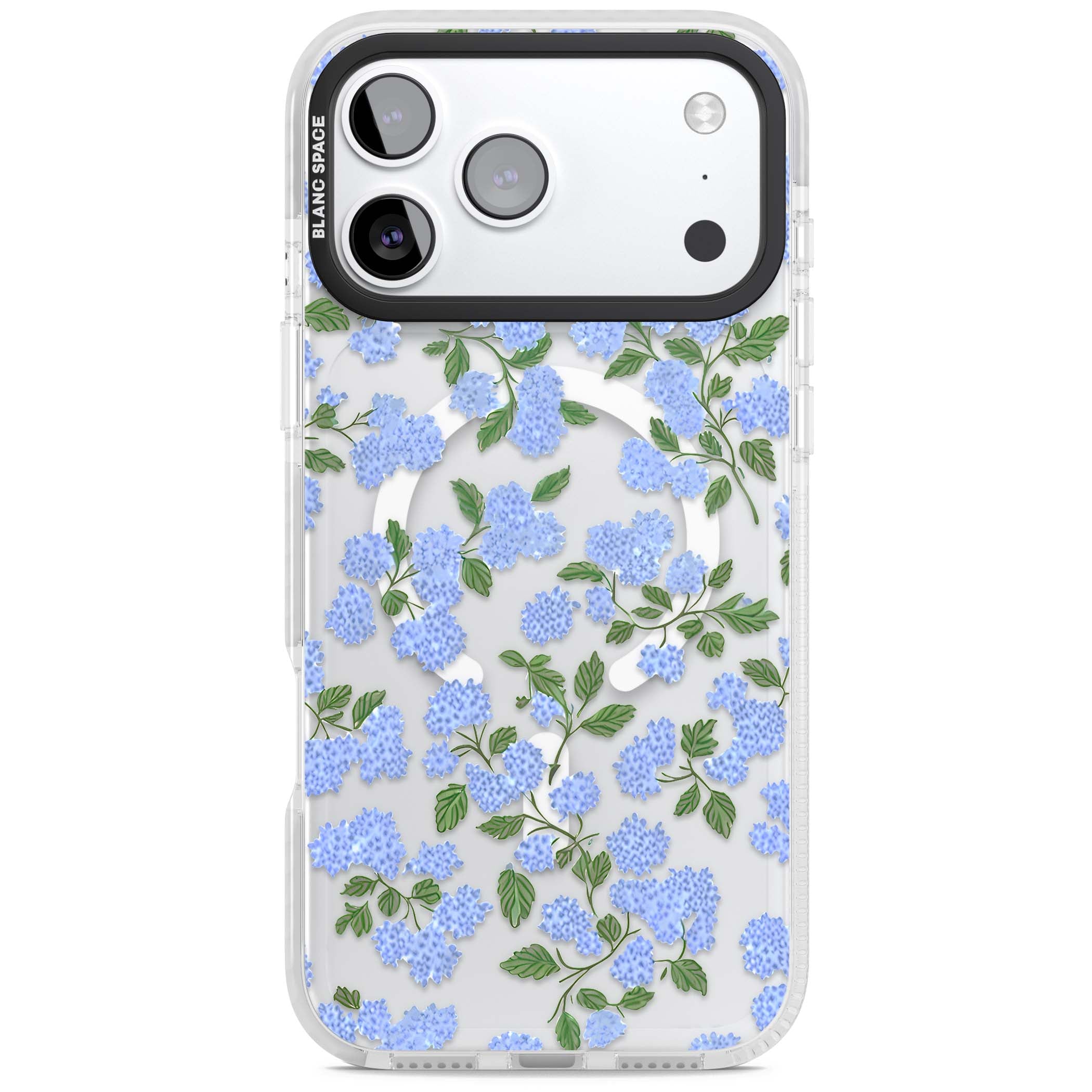Hydrangea Dreams cottagecore iPhone case featuring soft blue hydrangea flower clusters and green leaves | Impact Magsafe case for iPhone 17 Pro, iPhone 17 Pro Max