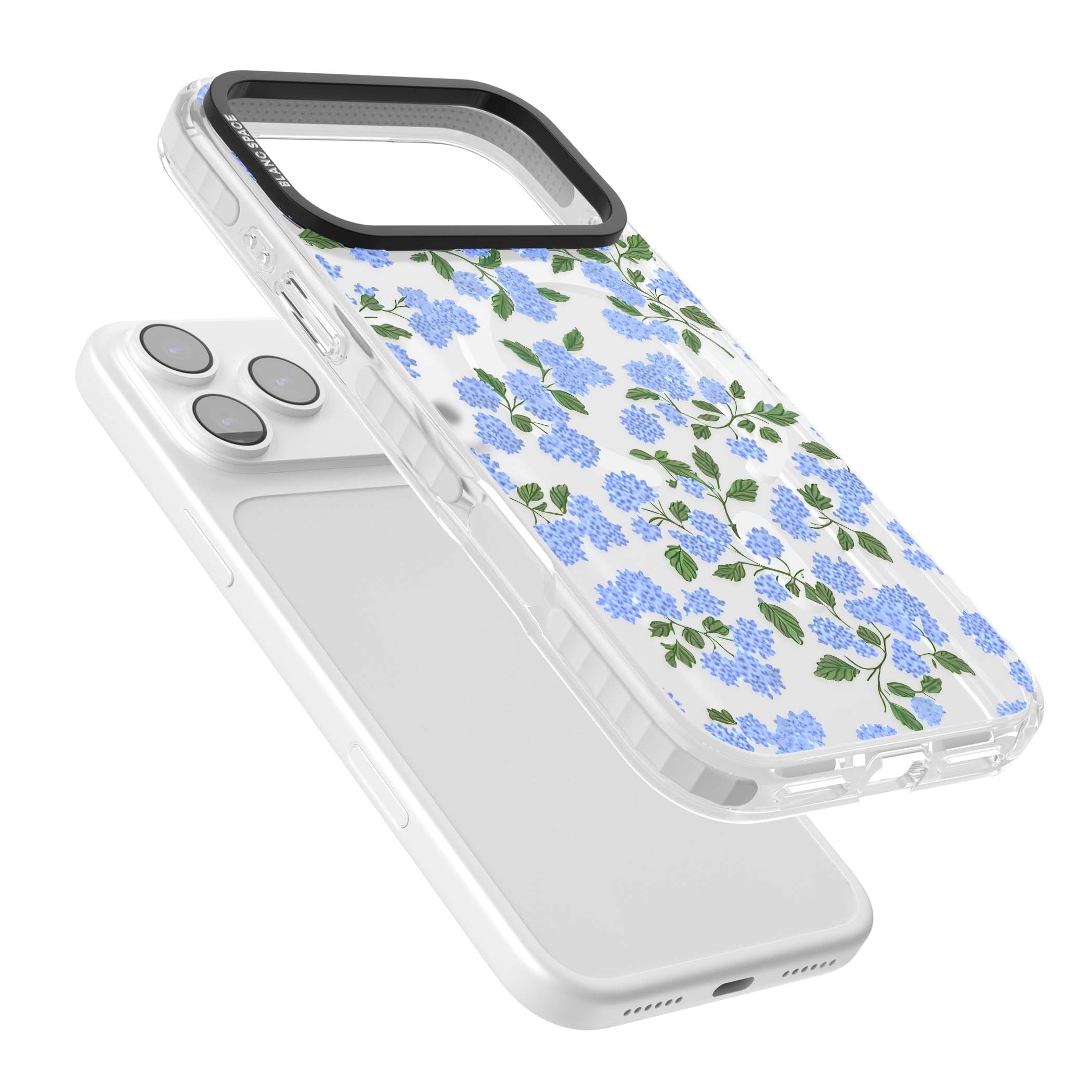 Hydrangea Dreams cottagecore iPhone case featuring soft blue hydrangea flower clusters and green leaves | Impact Magsafe case for iPhone 17 Pro, iPhone 17 Pro Max