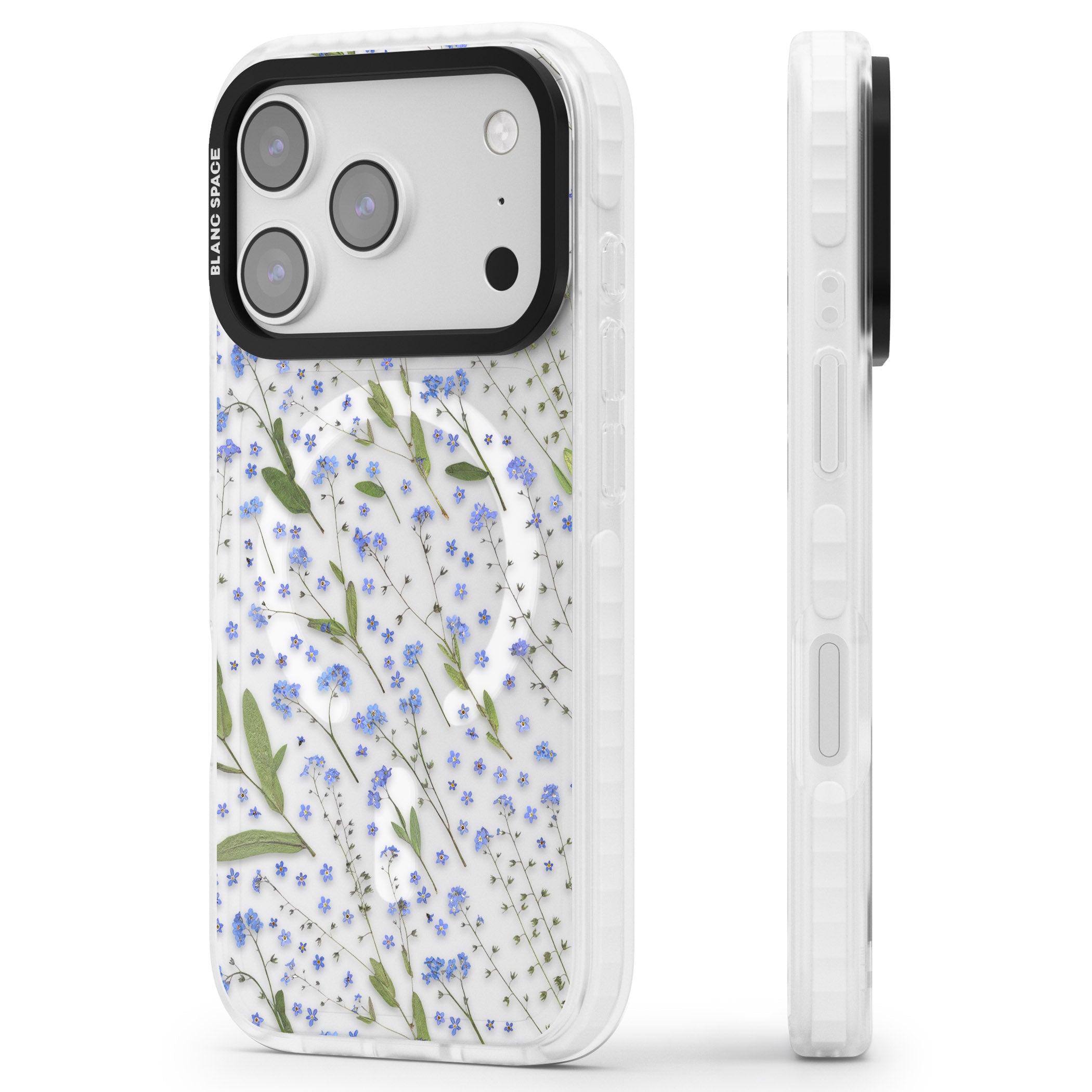 Blue Meadow Floral iPhone 17 Pro Impact Pro Clear Phone Case Side Profile