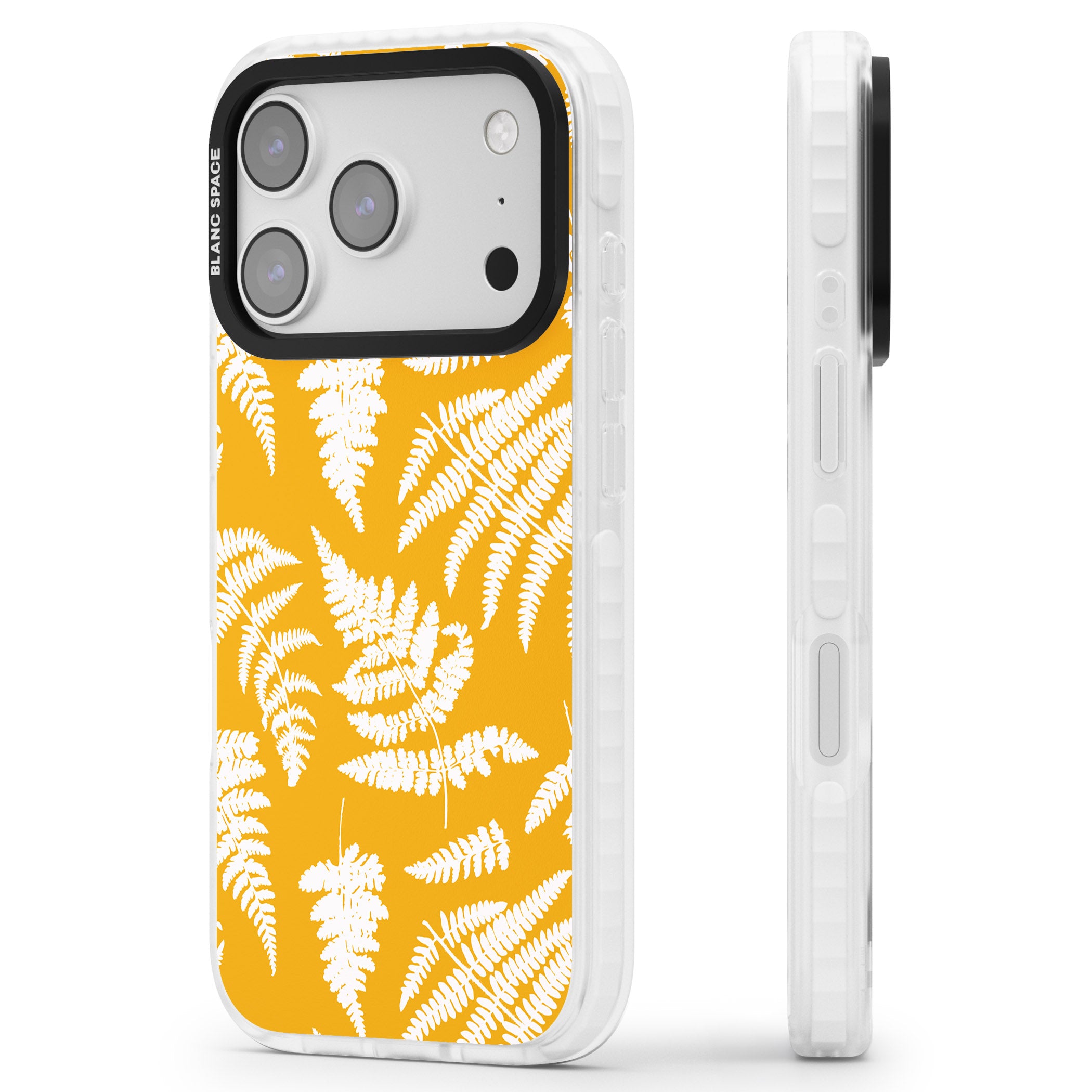 Fern Pattern On Yellow iPhone 17 Pro Impact Pro Clear Phone Case Side Profile