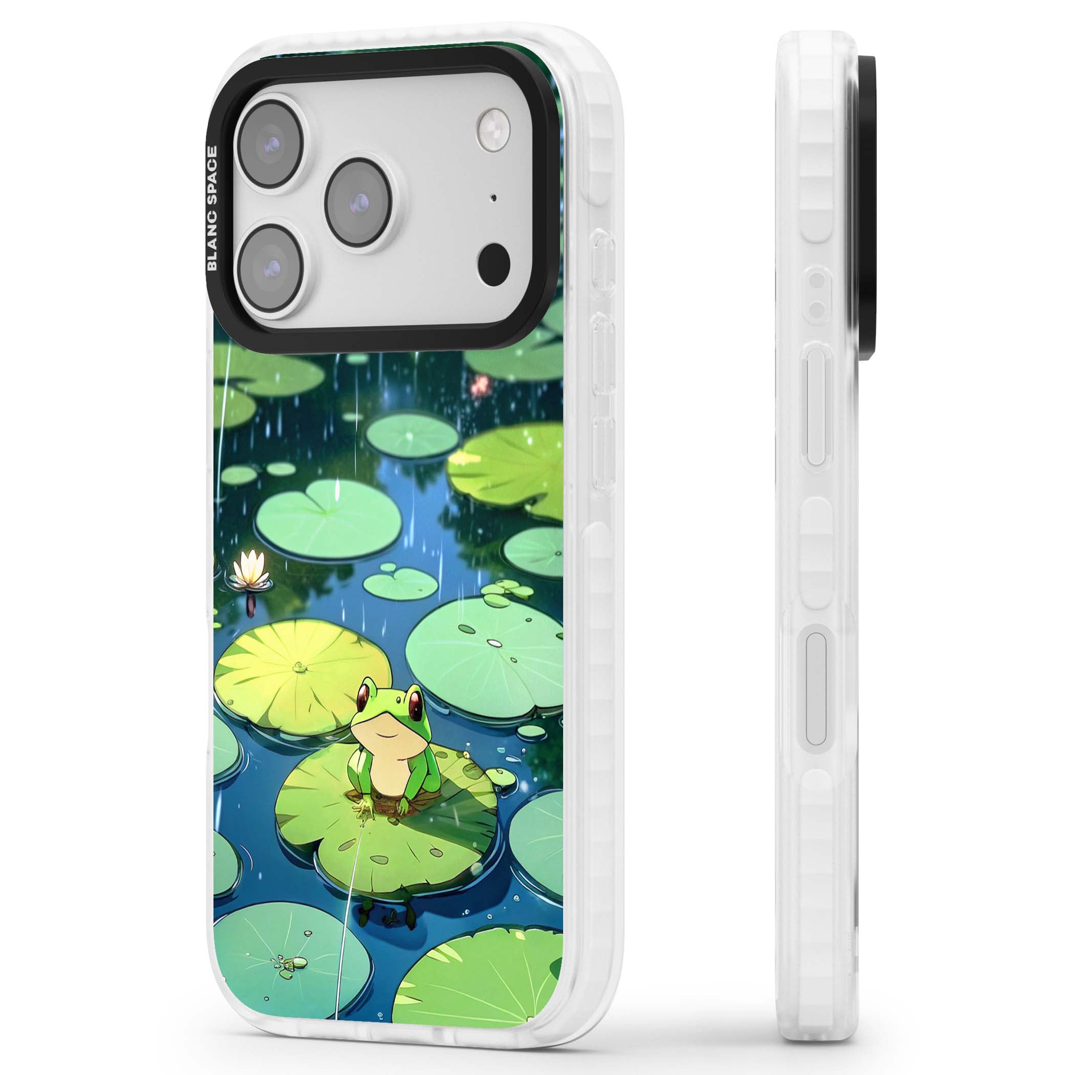 Frog In Lily Pond cottagecore iPhone case featuring a cute green frog on a lily pad with falling rain and a lotus flower | Impact Magsafe case for iPhone 17 Pro, iPhone 17 Pro Max
