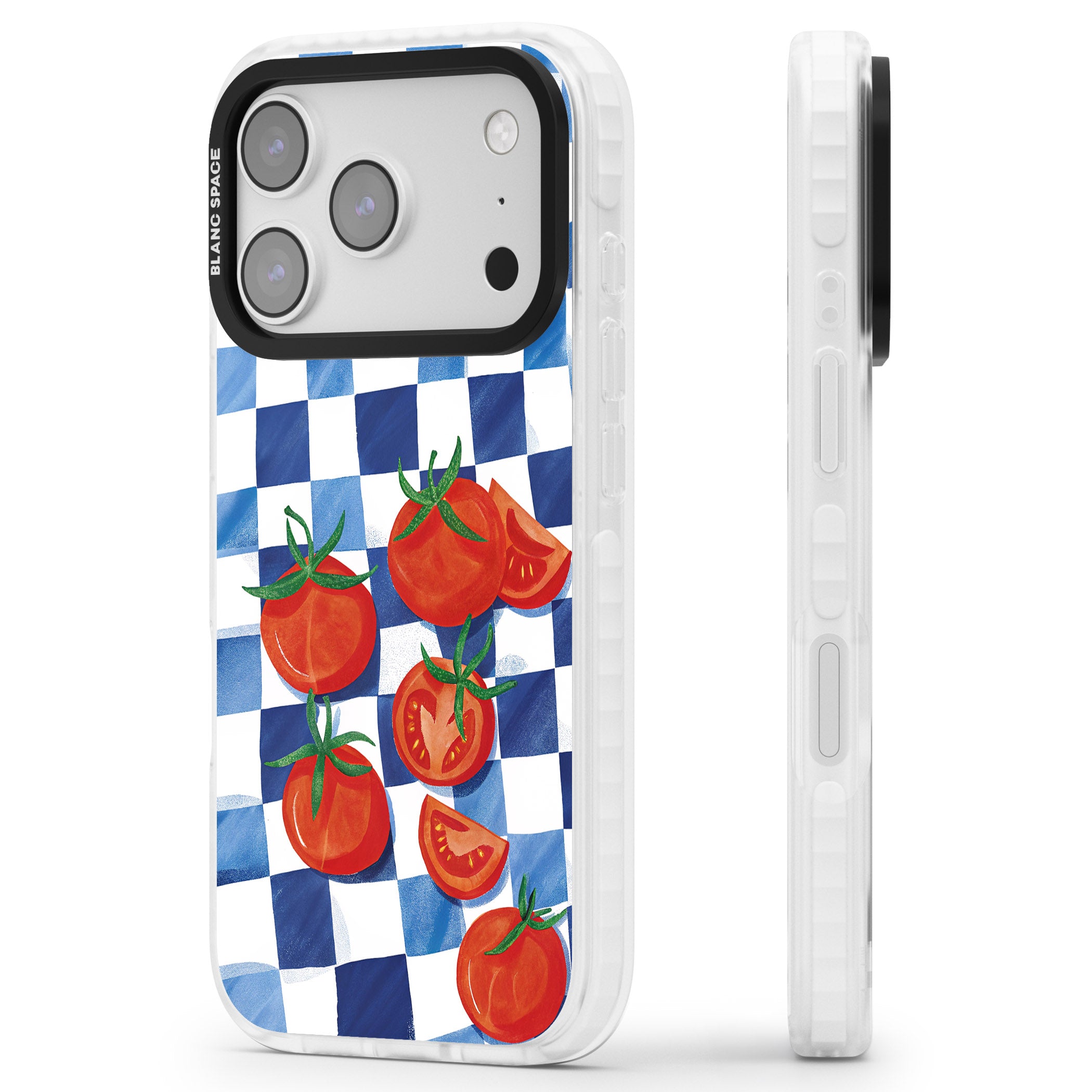 Blue Picnic Blanket & Tomatoes iPhone 17 Pro Impact Pro Clear Phone Case Side Profile