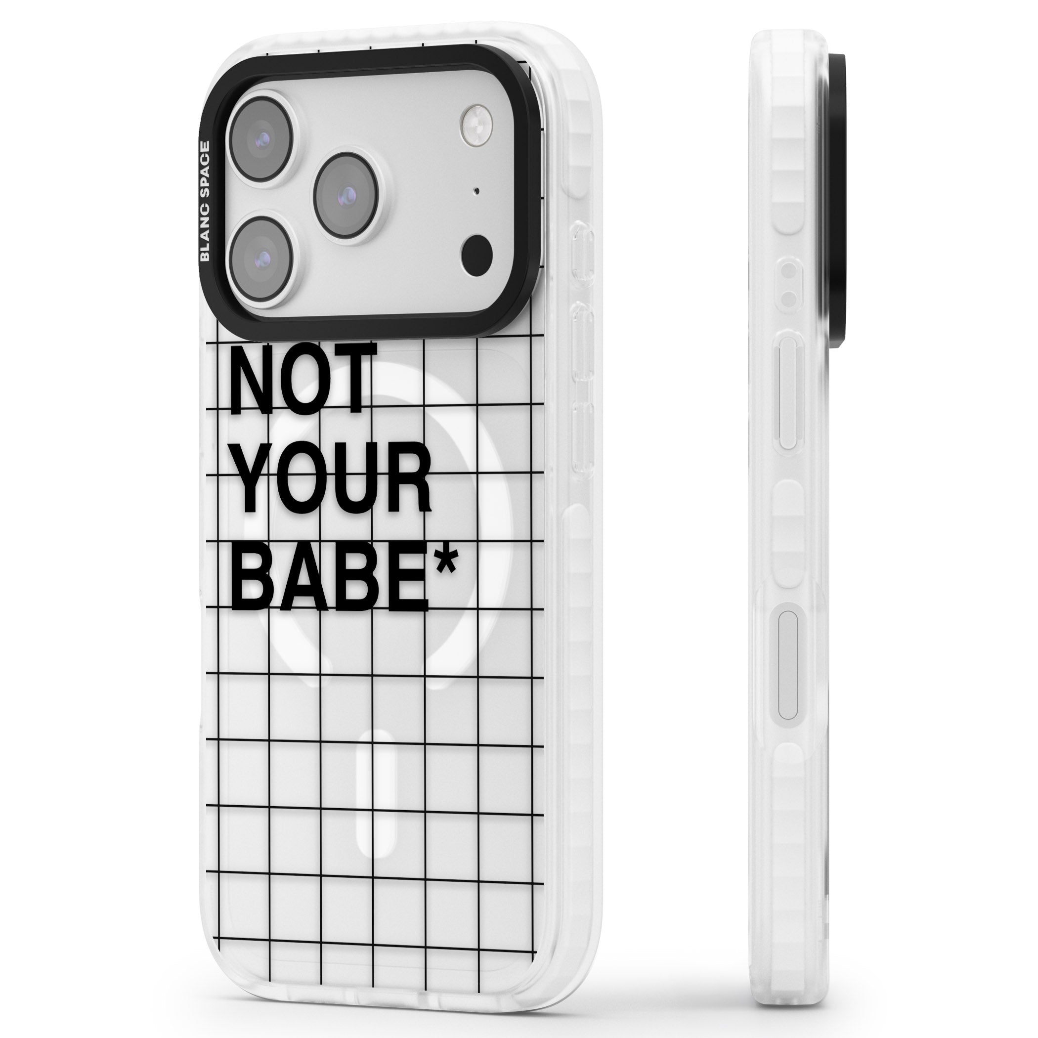 Not Your Babe iPhone 17 Pro Impact Pro Clear Phone Case Side Profile