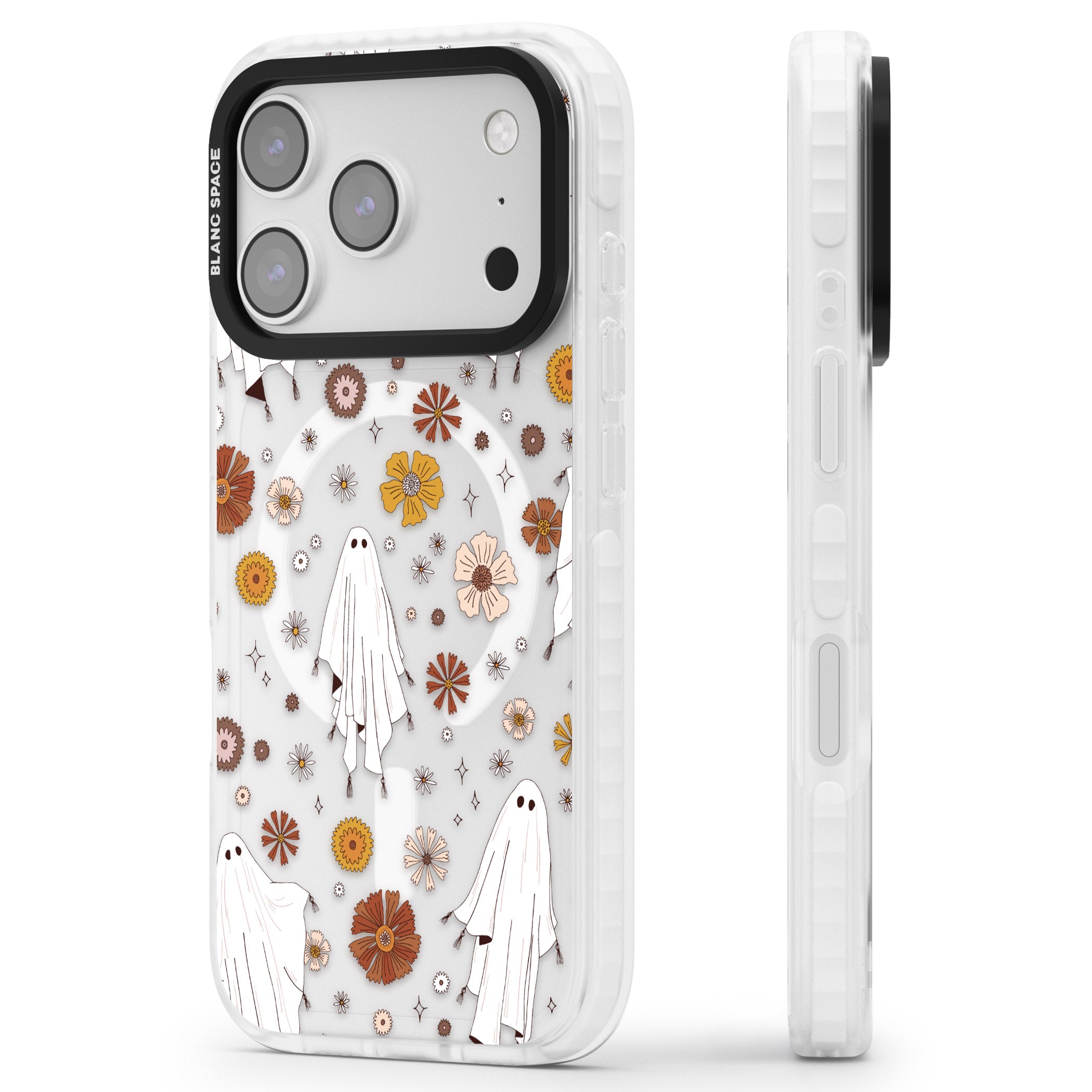 Halloween Ghosts And Flowers iPhone 17 Pro Impact Pro Clear Phone Case Side Profile